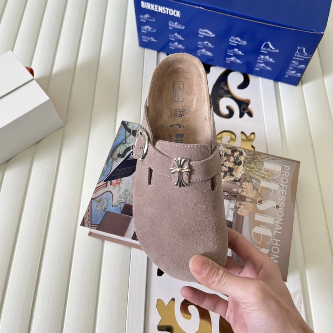 Suede Cross Buckle Closed Toe Clogs Nude Taupe - Gallery Image 8 - Detailed View