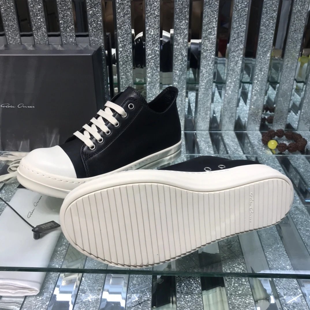 Rick Owens Leather Sneakers Black White - Gallery Image 9 - Detailed View