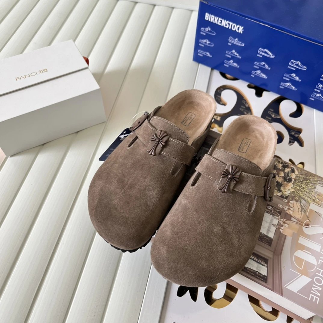 Suede Cross Buckle Closed Toe Clogs Unisex Mocha - Gallery Image 2 - Detailed View