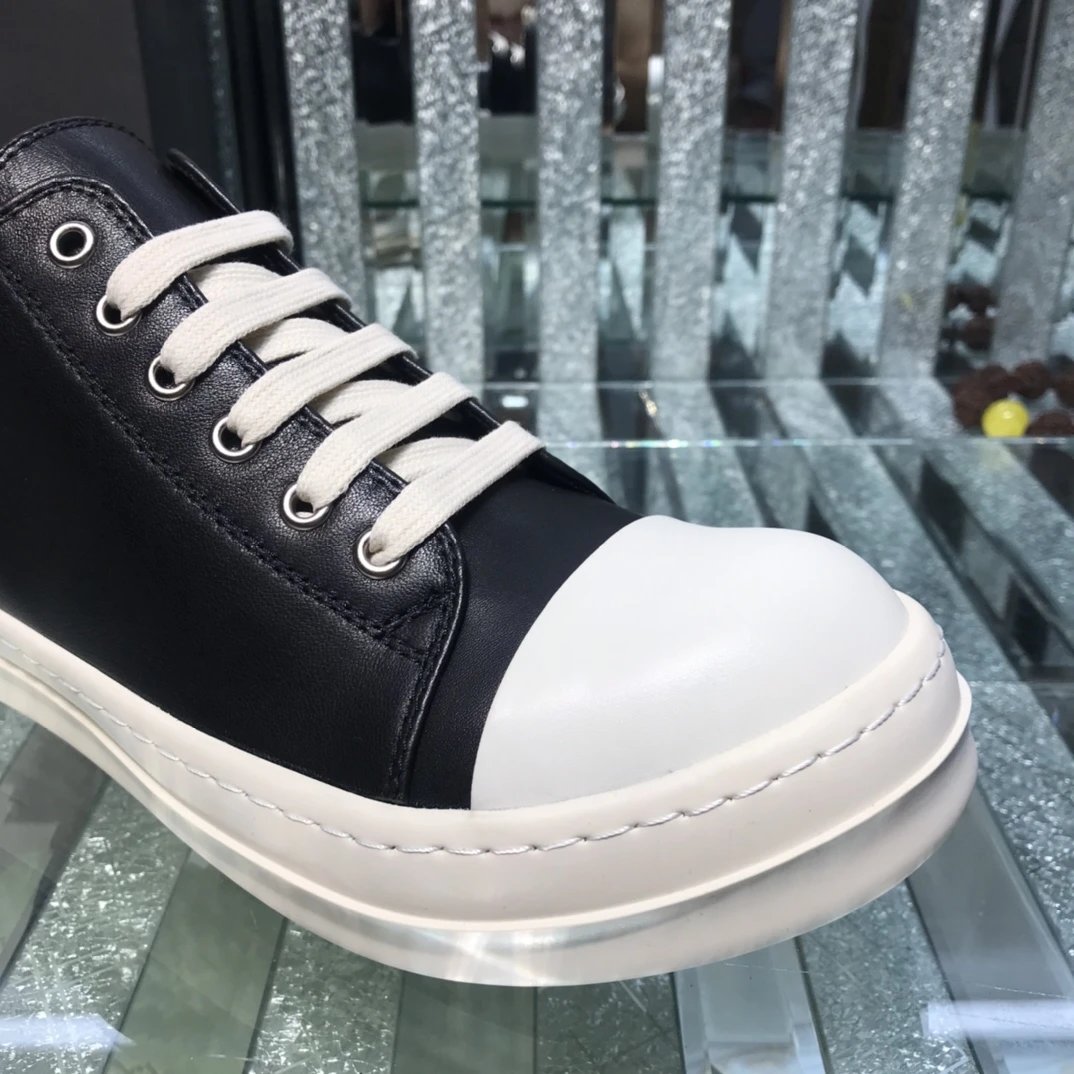 Rick Owens Leather Sneakers Black White - Gallery Image 4 - Detailed View