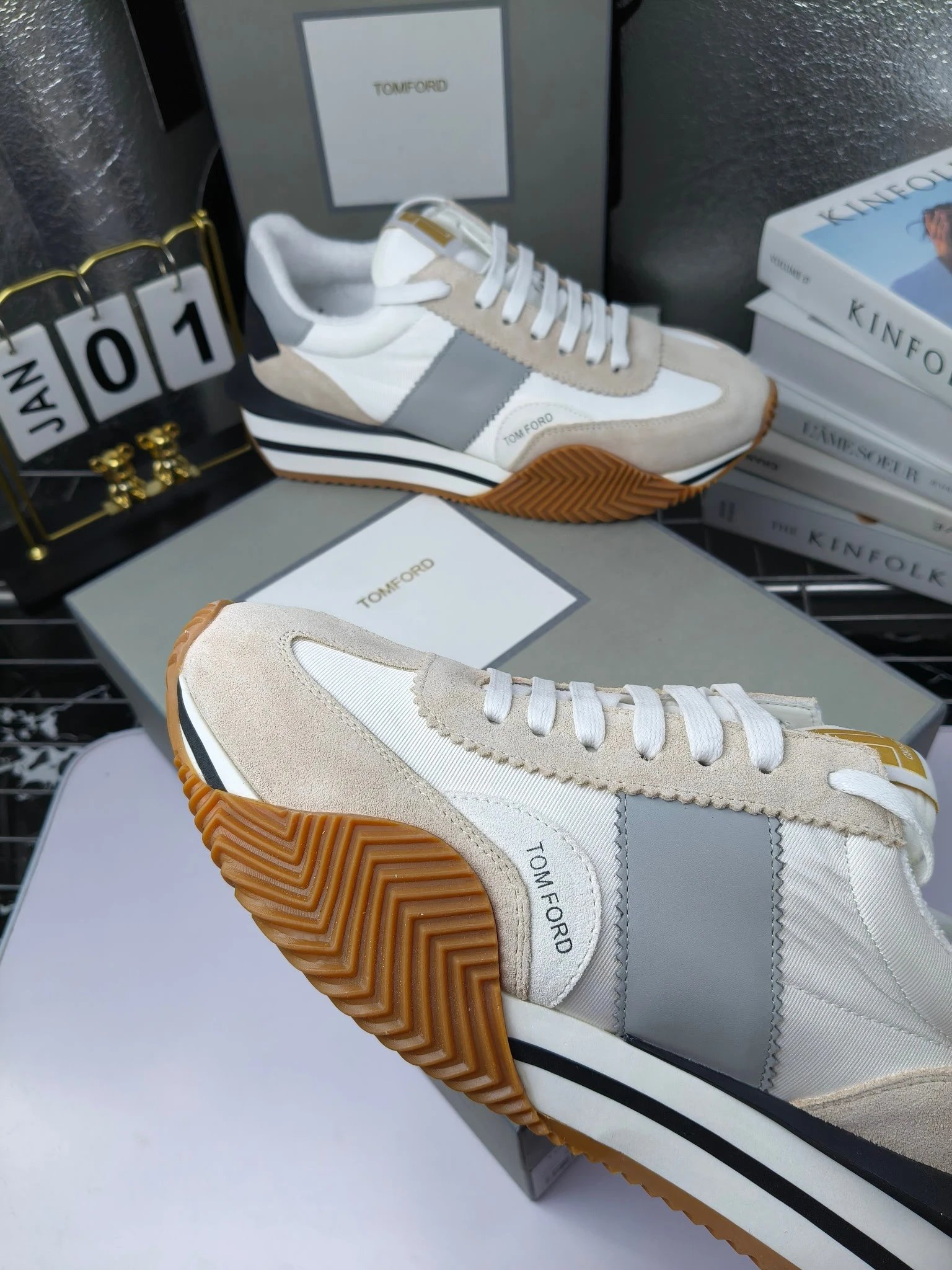 Retro Suede Leather Platform Sneakers Ivory Grey - Gallery Image 3 - Detailed View