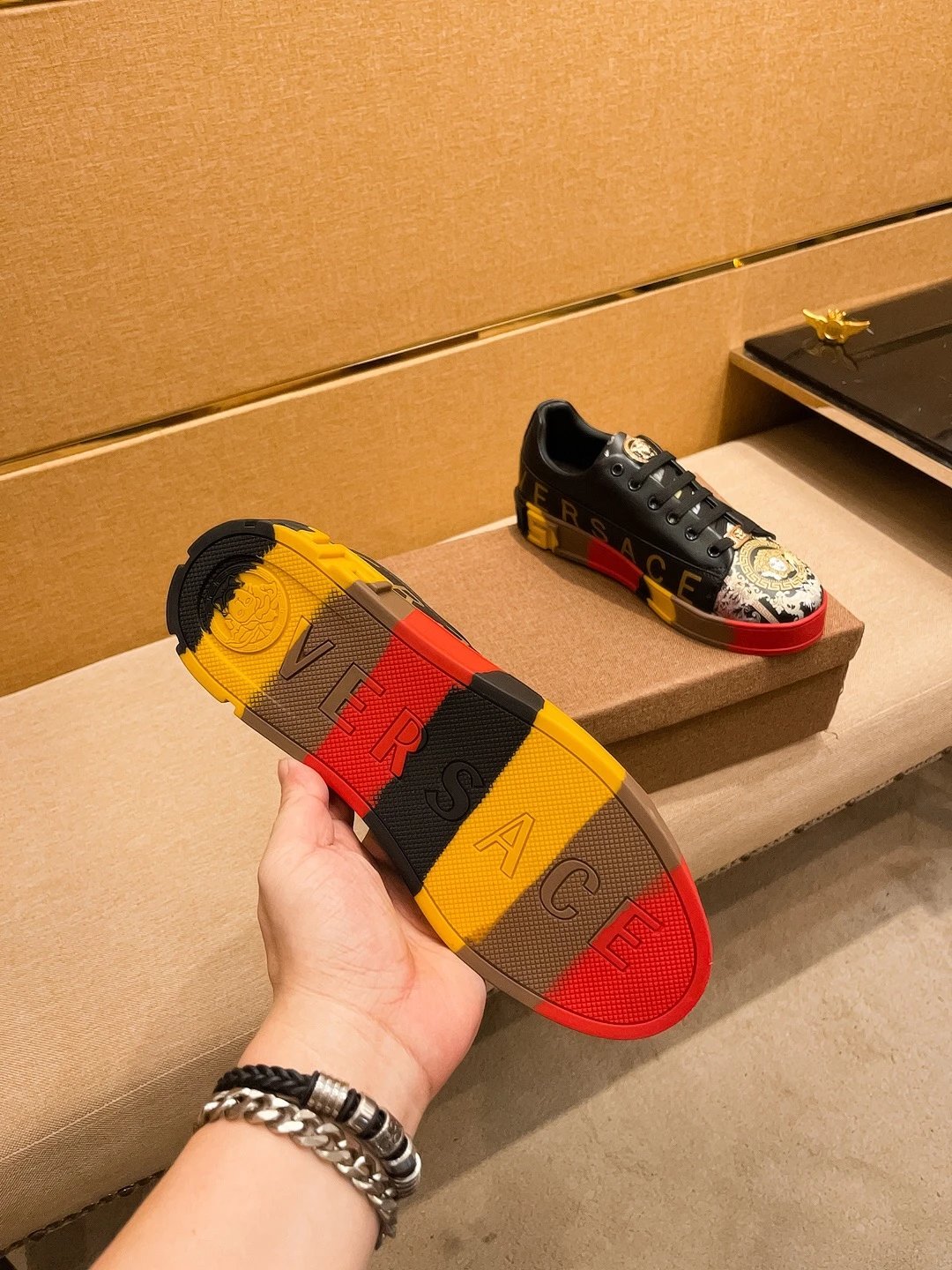 Luxury Leather Sneakers Retro Baroque Black Gold - Gallery Image 8 - Detailed View