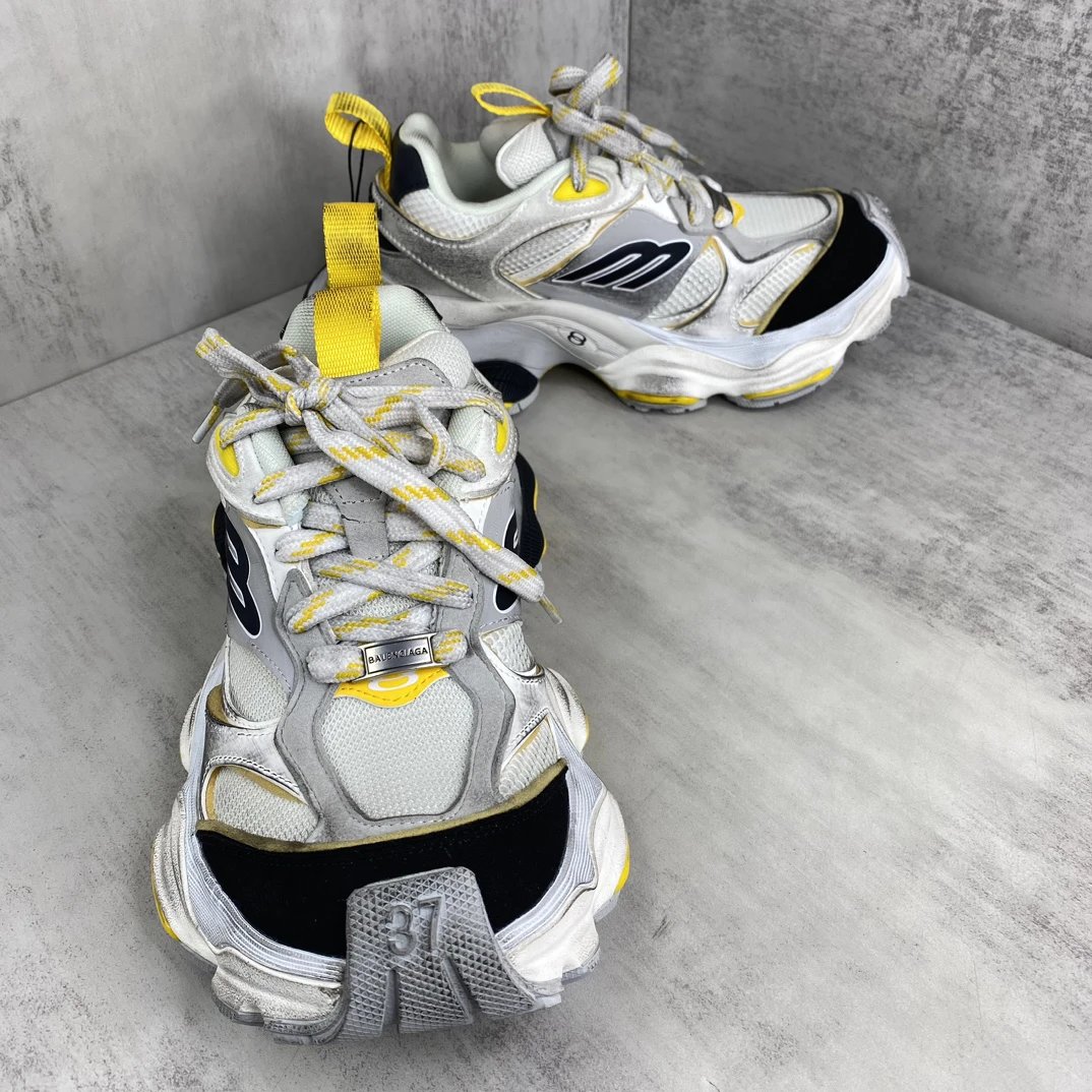 Chunky Cargo Sneakers Mesh Leather Retro Yellow Silver - Gallery Image 2 - Detailed View