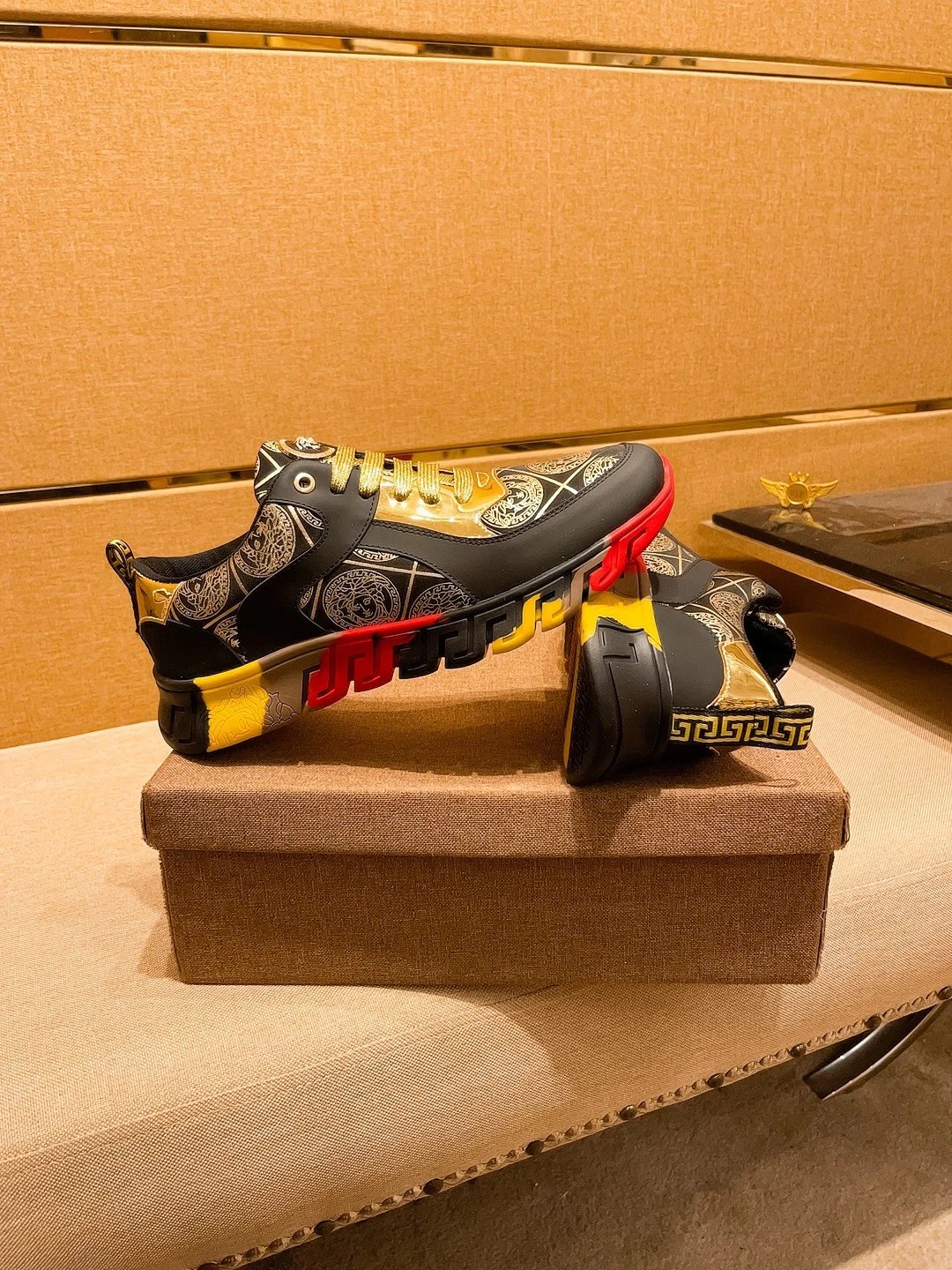 Luxury Leather Sneakers Baroque Gold Black - Gallery Image 2 - Detailed View