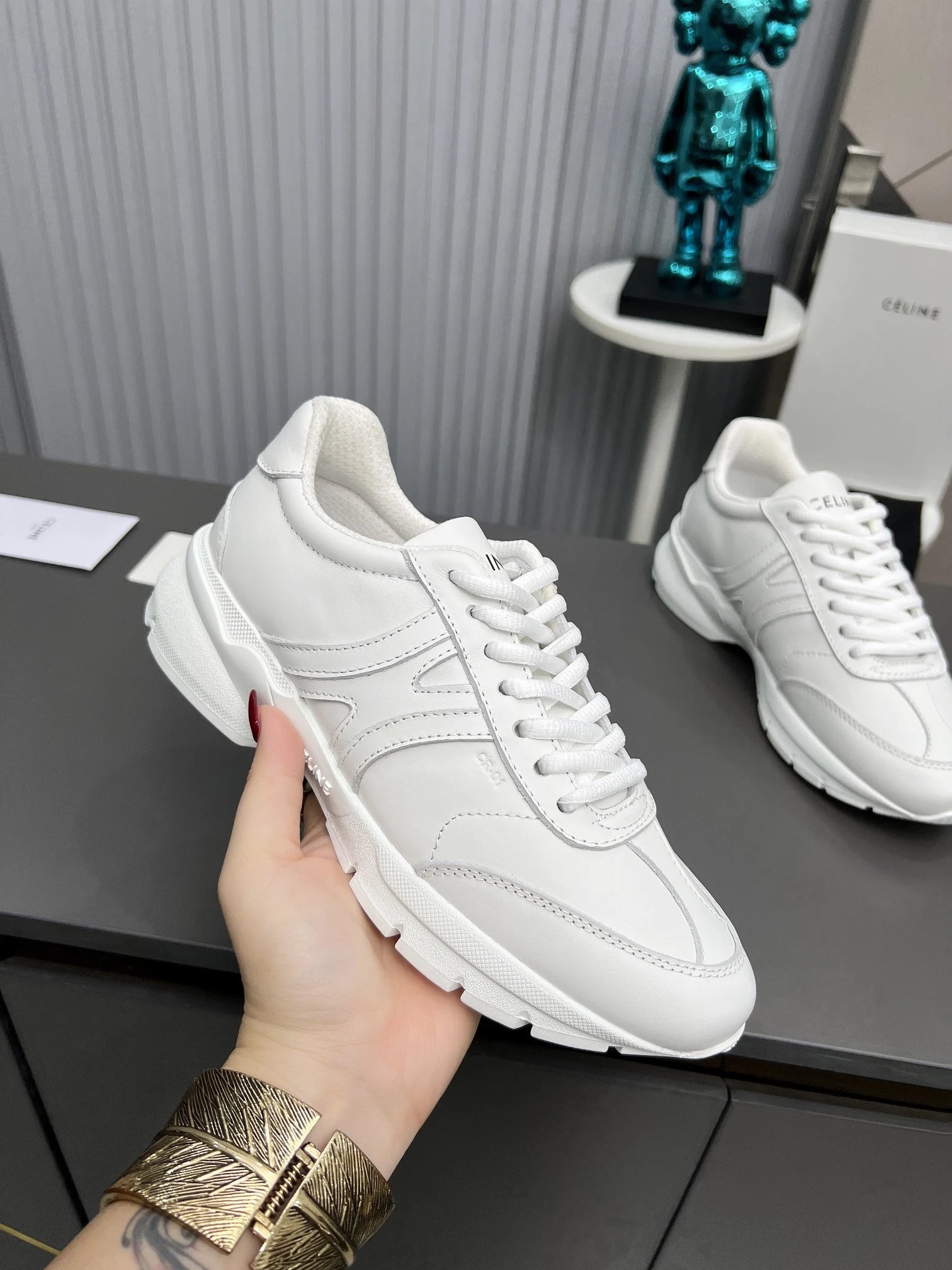 Chunky Leather Dad Sneakers Knit Lining Ivory White - Gallery Image 5 - Detailed View