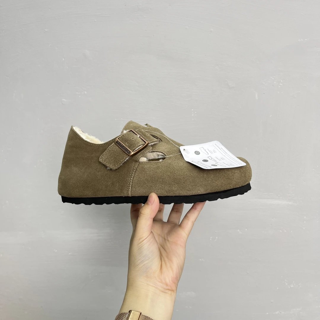 Winter Suede Buckle Shoes Fur Lined Unisex Sage Green - Birkenstock - Cnfans - $41.94