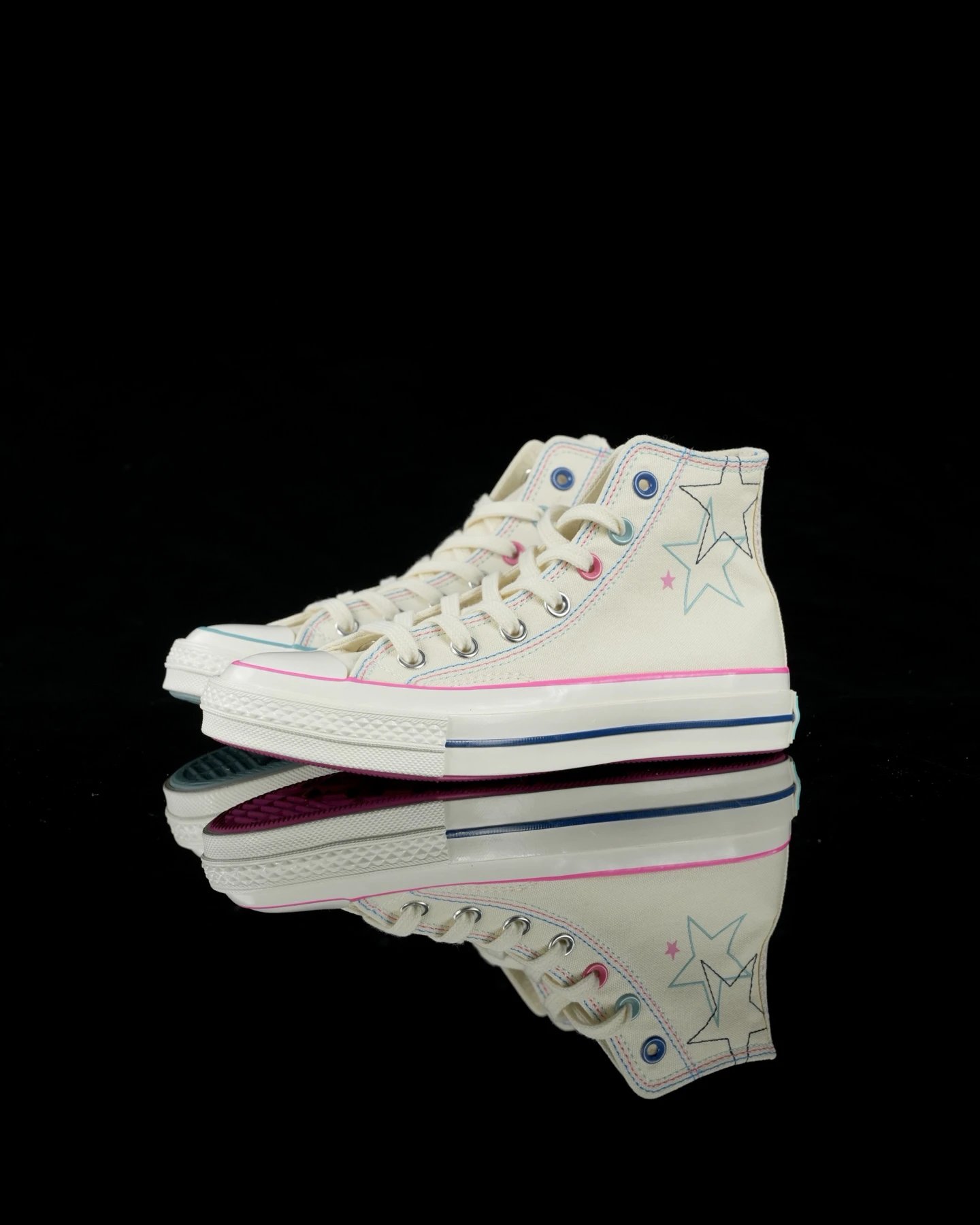 Chuck 1970s Canvas High Top Star Stitch White Pink Blue - Gallery Image 1 - Detailed View