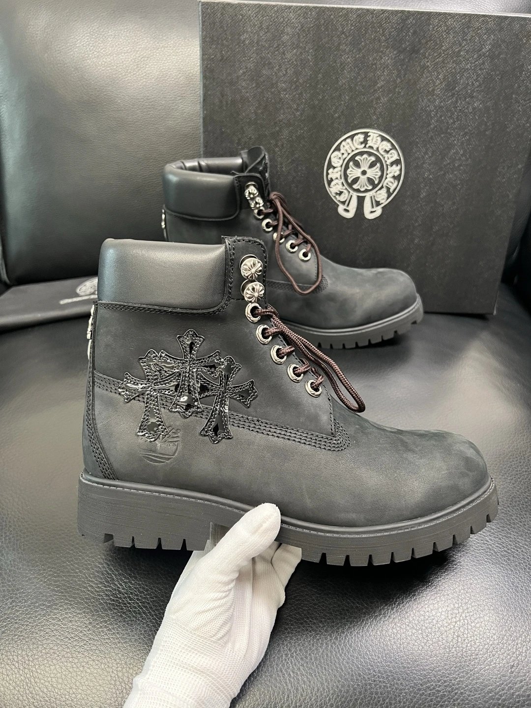 Italian Leather Combat Boots Ebony Black - Gallery Image 4 - Detailed View