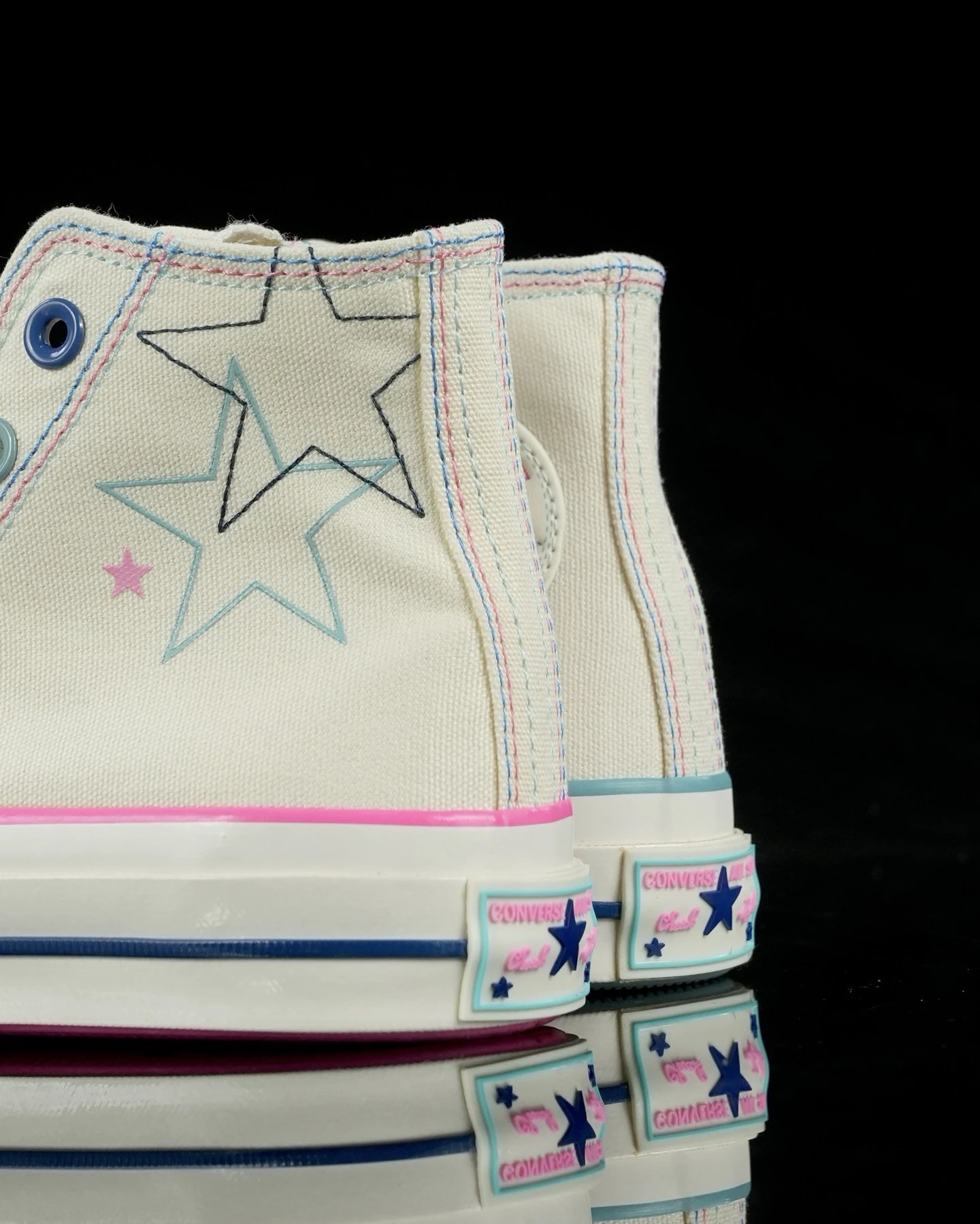 Chuck 1970s Canvas High Top Star Stitch White Pink Blue - Gallery Image 7 - Detailed View