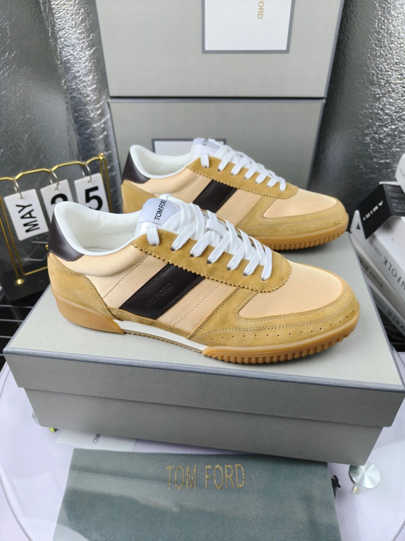 Retro Suede Leather Sneakers Amber Beige - Gallery Image 1 - Detailed View