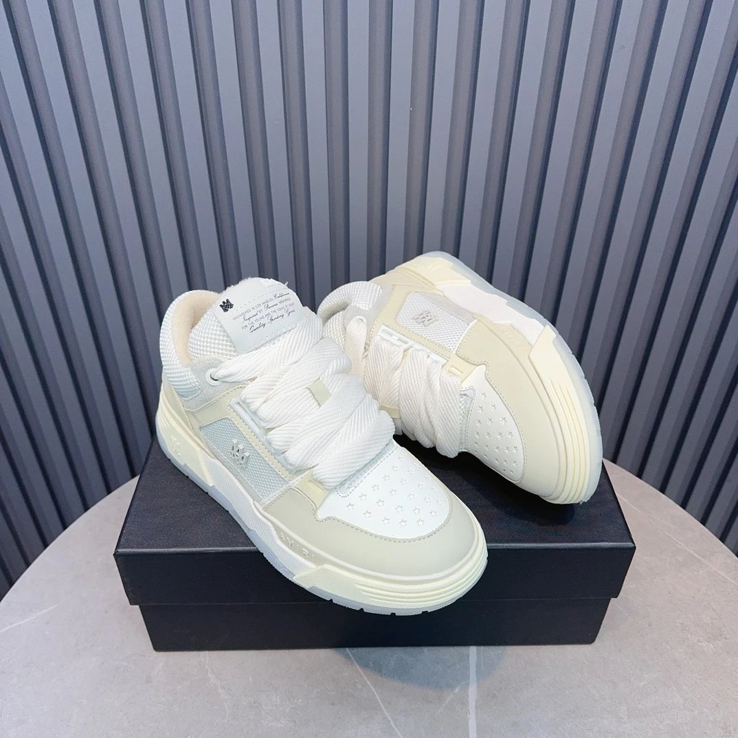 Unisex Leather Mesh Low Top Skate Sneakers Ivory Cream - Gallery Image 4 - Detailed View