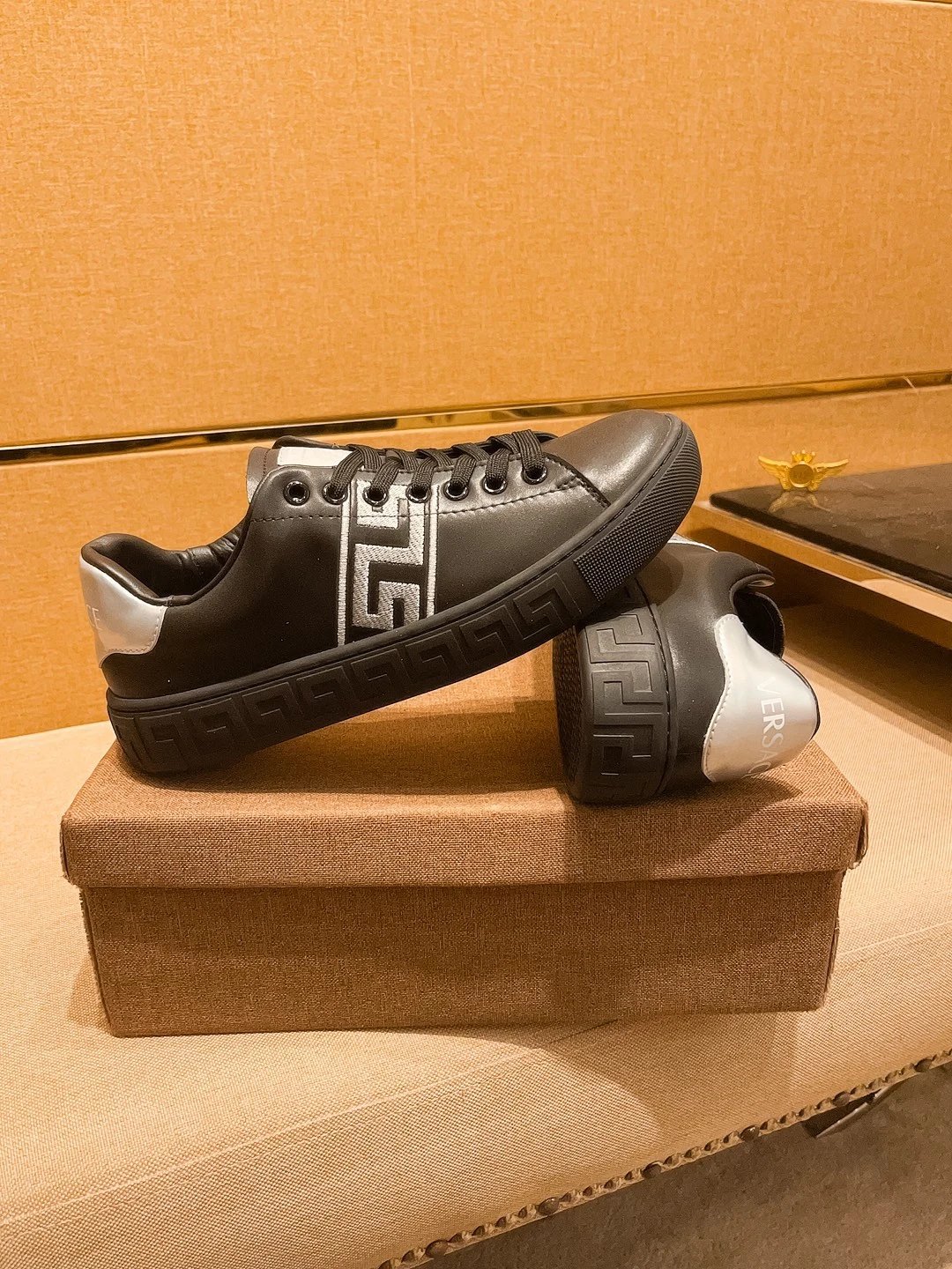 Luxury Leather Sneakers Greek Key Black Silver - Gallery Image 2 - Detailed View