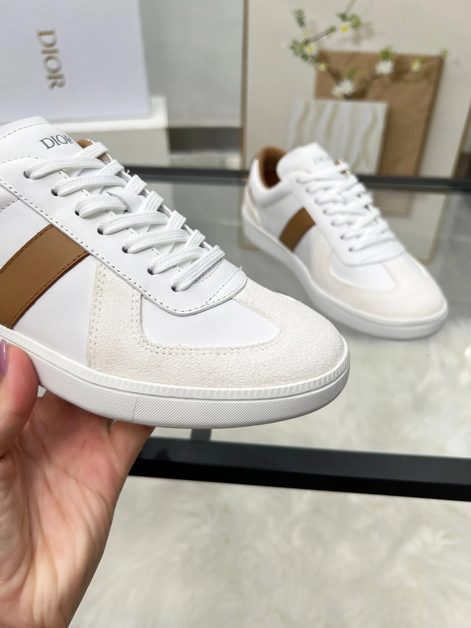 Dior B01 White Leather Sneakers Brown - Gallery Image 6 - Detailed View