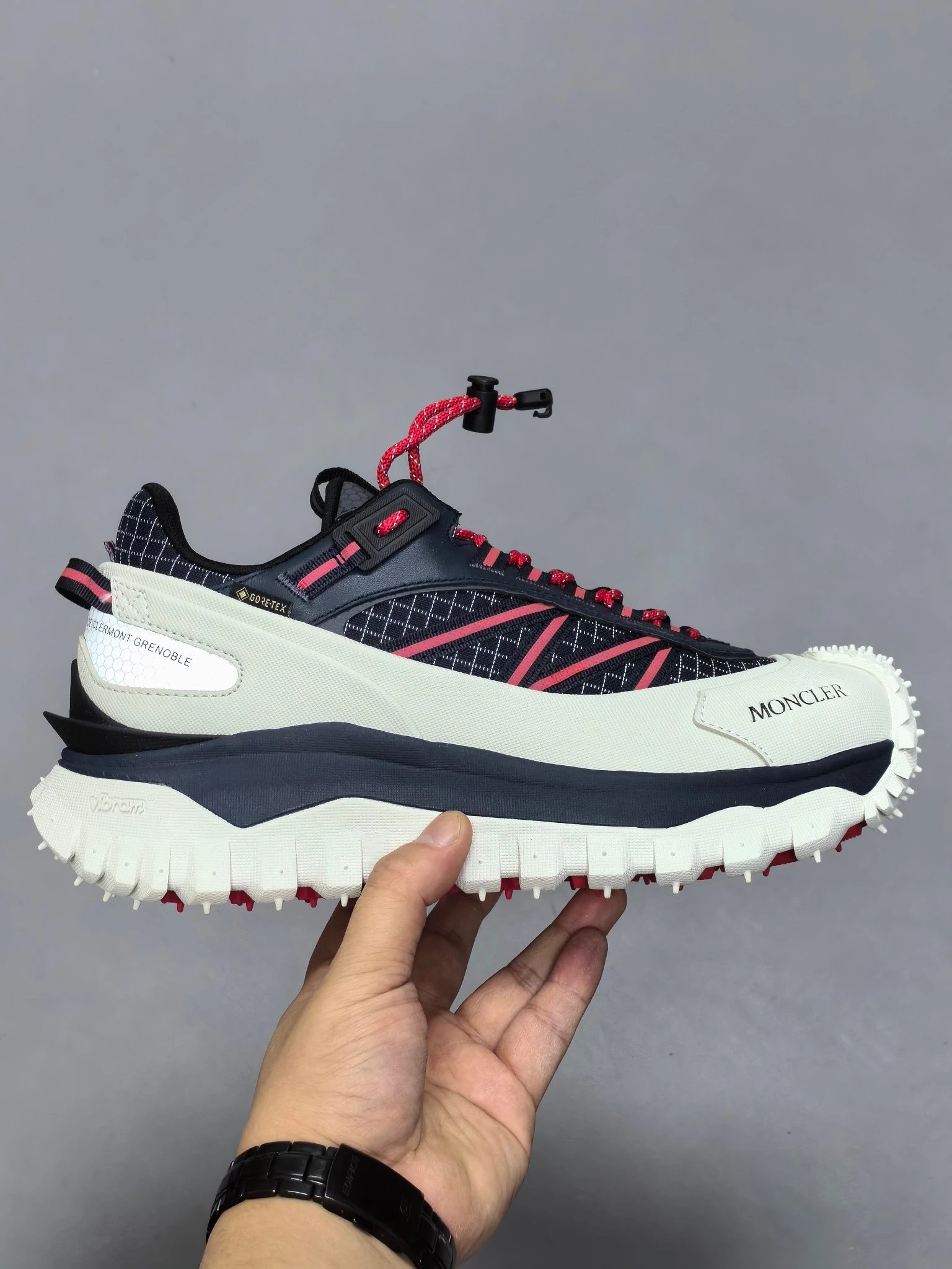 Moncler Trailgrip GTX Rubber White Black Sneakers Red Stripes - High Quality Product Image - Cnfans
