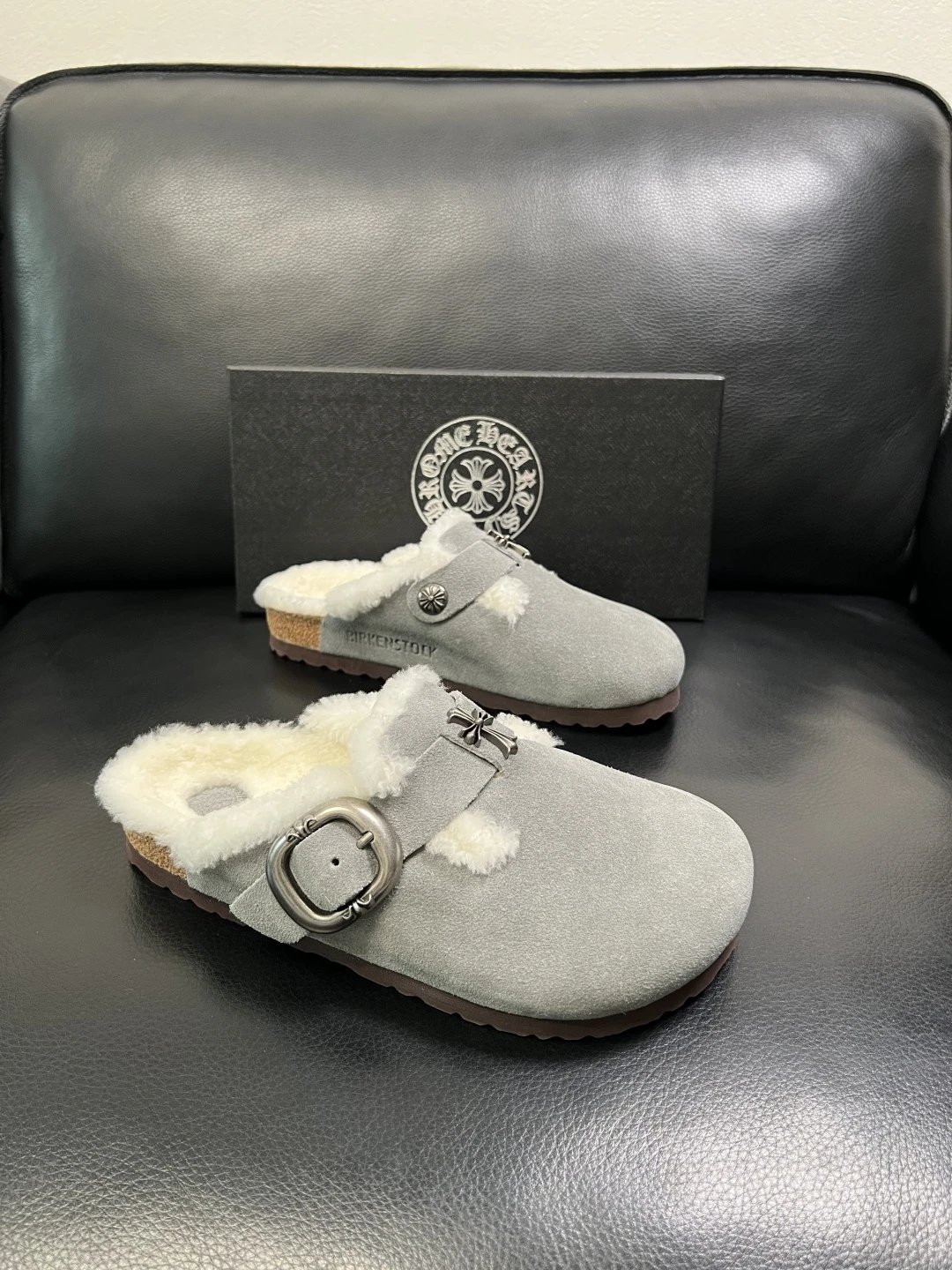 Luxury Shearling Clog in Ash Gray Suede - Gallery Image 1 - Detailed View