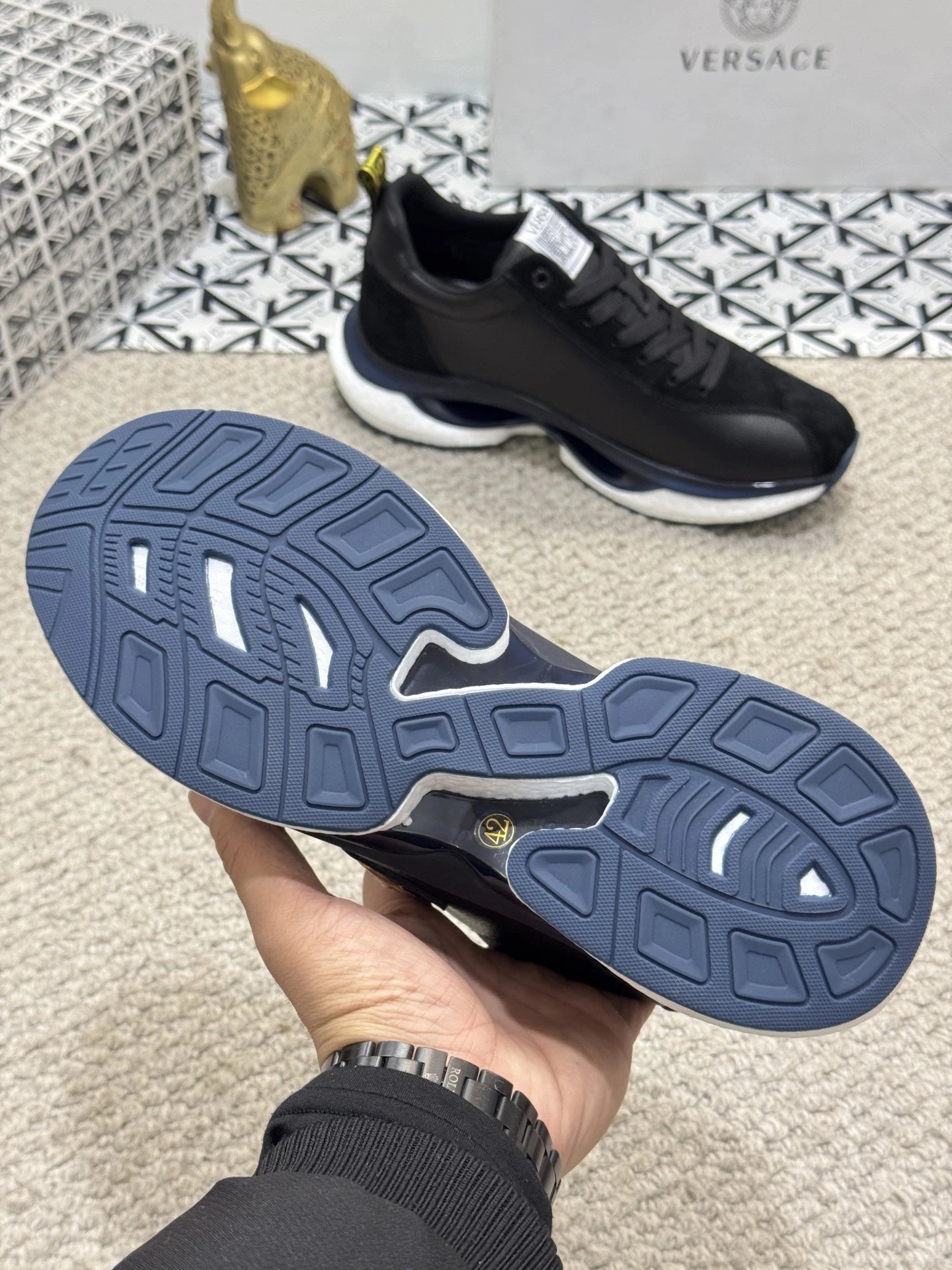 Luxury Leather Running Sneakers Black Onyx Finish - Gallery Image 9 - Detailed View