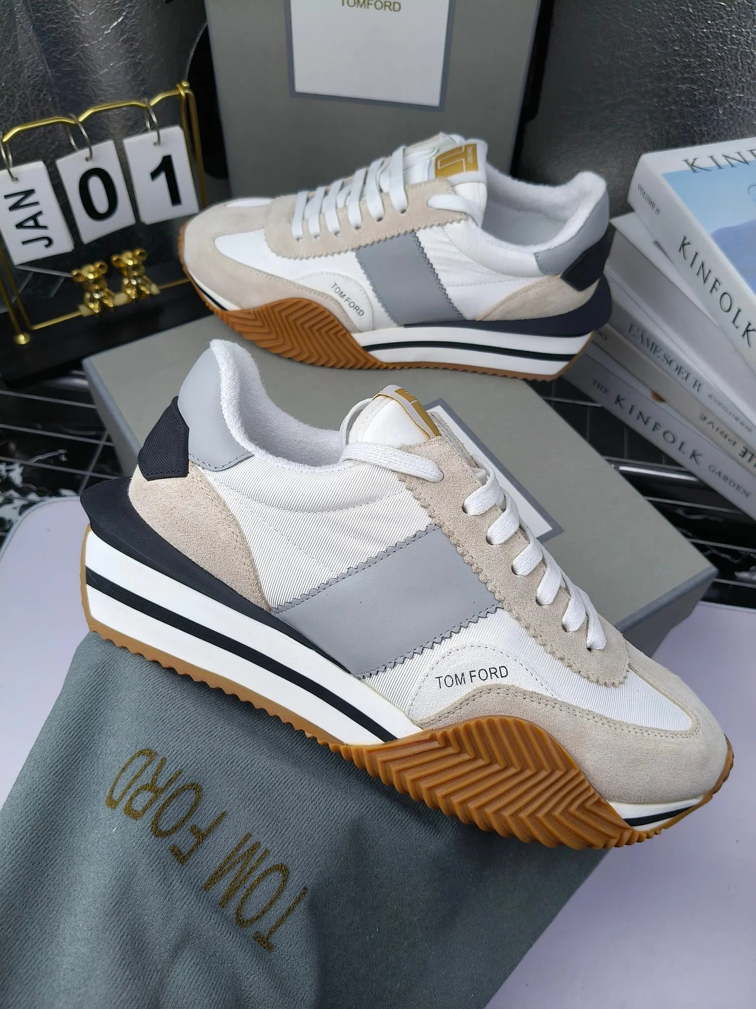 Retro Suede Leather Platform Sneakers Ivory Grey - Gallery Image 9 - Detailed View