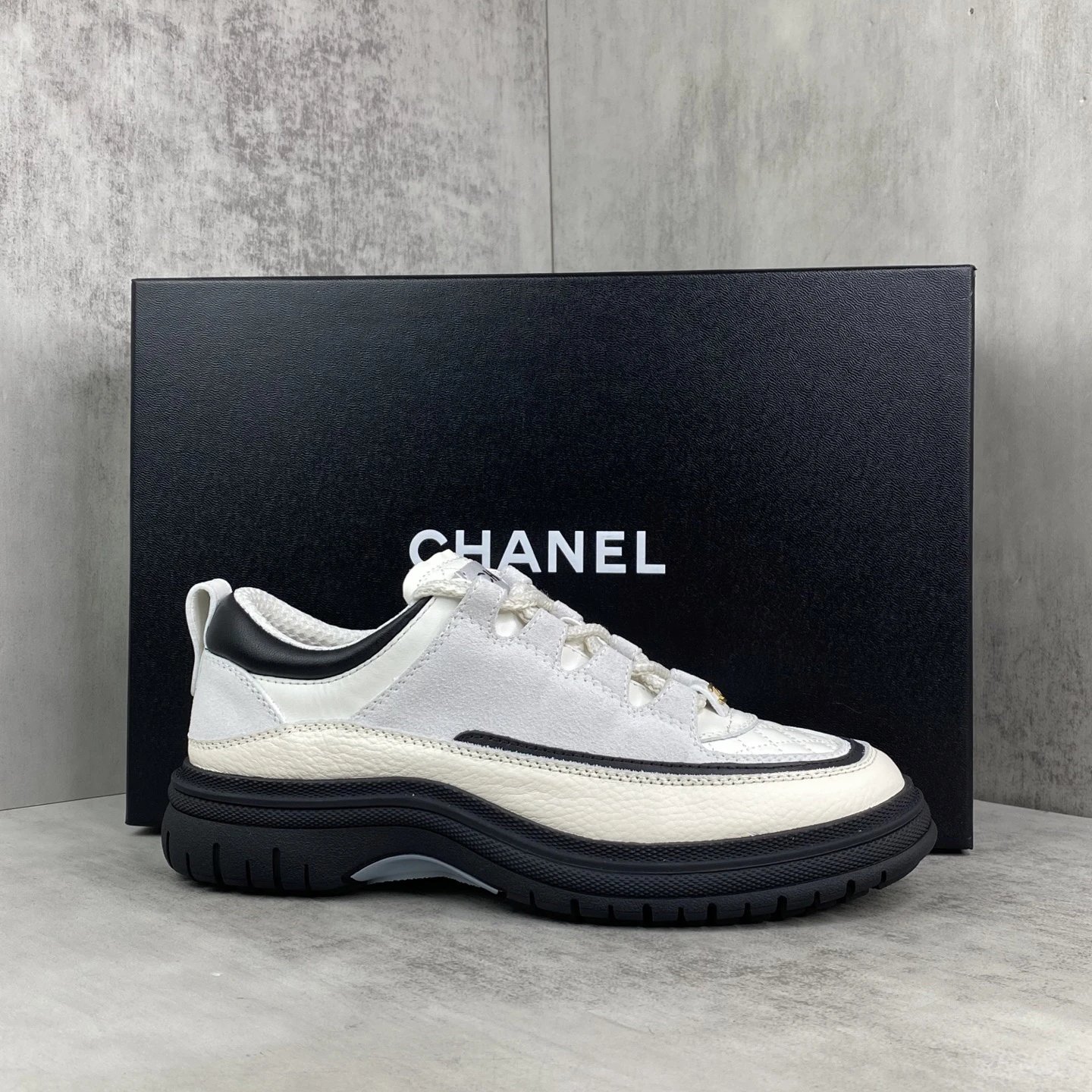 Luxury Low Top Leather Sneakers Panda Black Ivory - Gallery Image 1 - Detailed View