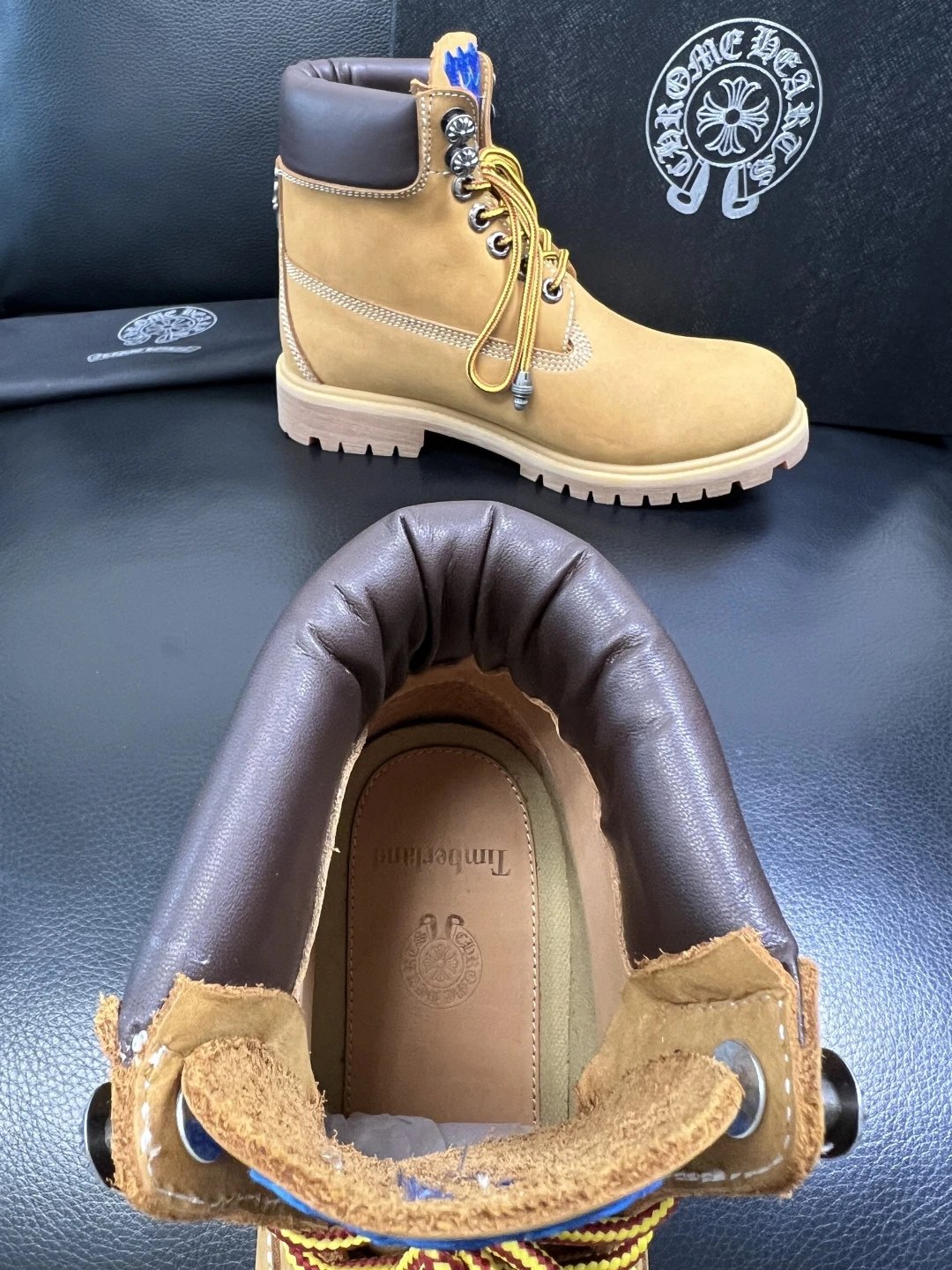 Luxury Leather Work Boots Amber with Royal Blue Cross - Gallery Image 7 - Detailed View