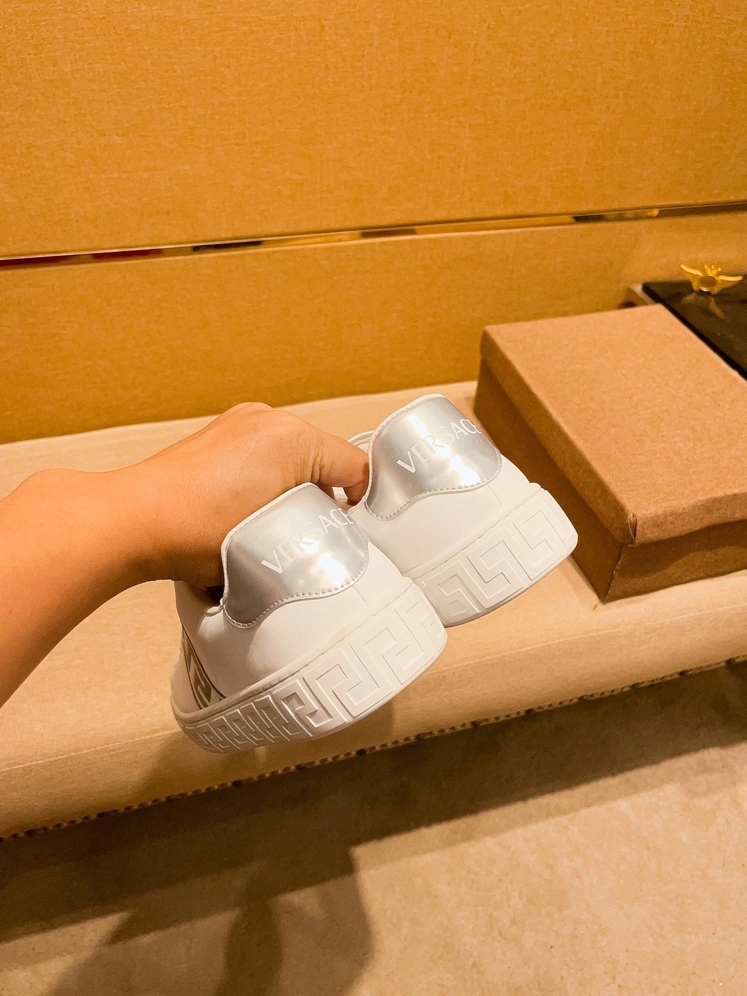 Luxury Leather Sneakers Greek Pattern Snow White - Gallery Image 9 - Detailed View