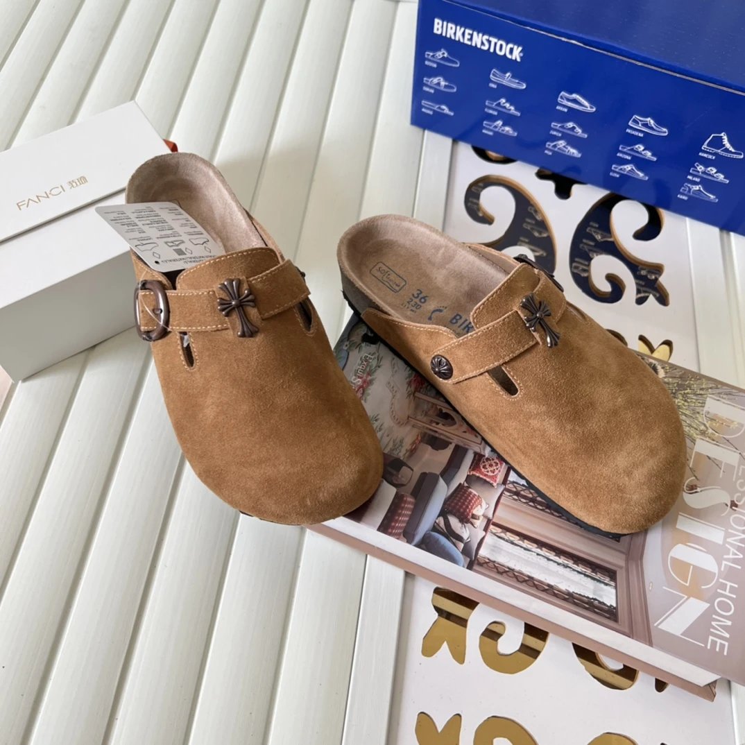 Suede Cross Buckle Closed Toe Clogs Camel Brown - Gallery Image 4 - Detailed View