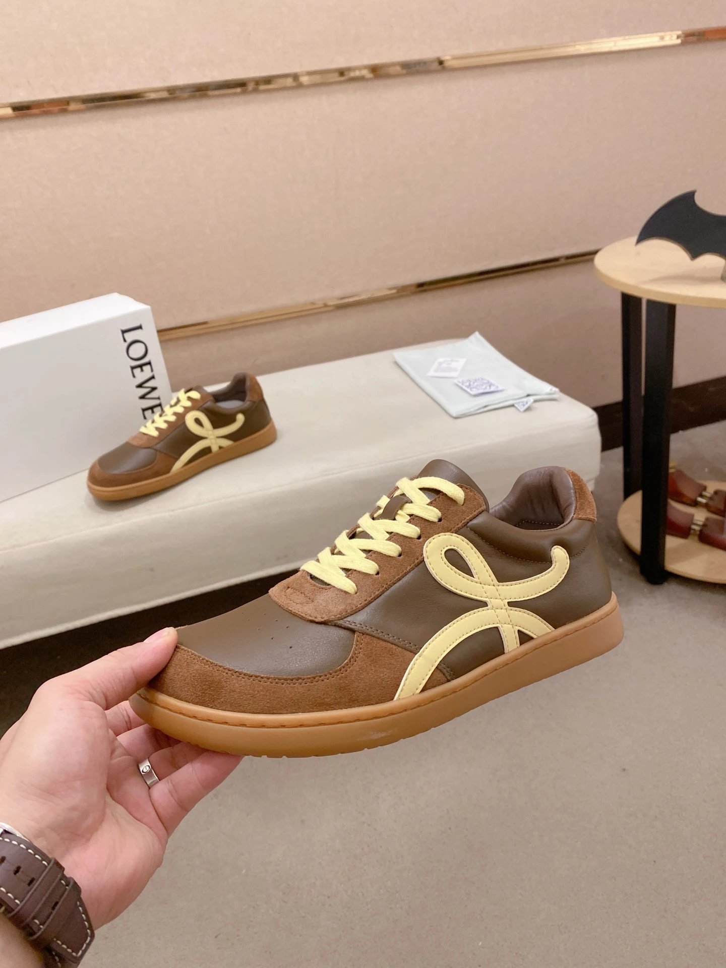 Loewe Brown Leather Sneakers Beige Accent - Gallery Image 3 - Detailed View