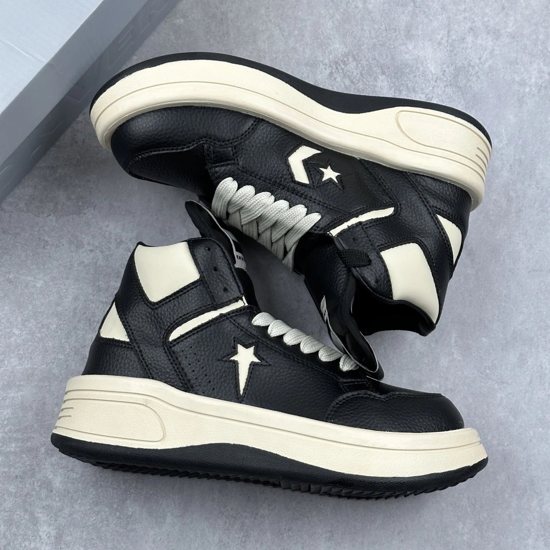 Retro High Top Leather Sneakers Ivory Black - Gallery Image 3 - Detailed View