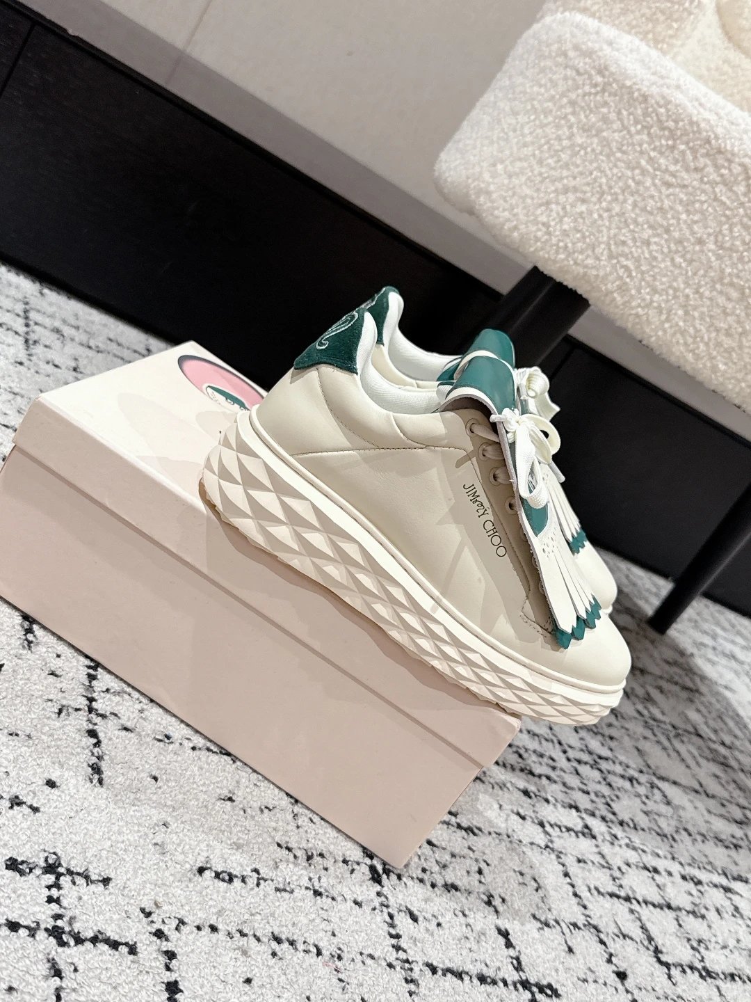 Jimmy Choo x Malbon Golf Diamond Sneakers White Green - Gallery Image 3 - Detailed View