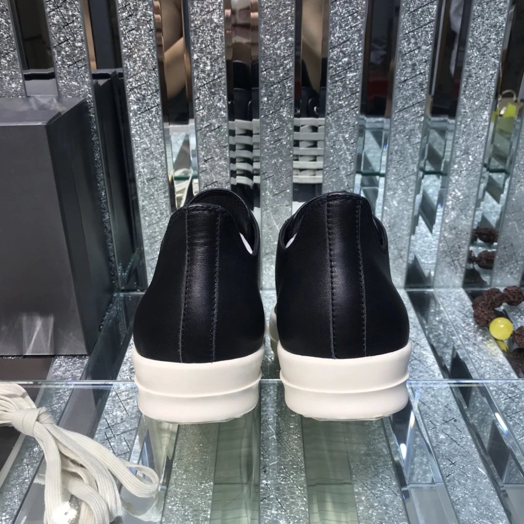 Rick Owens Leather Sneakers Black White - Gallery Image 8 - Detailed View