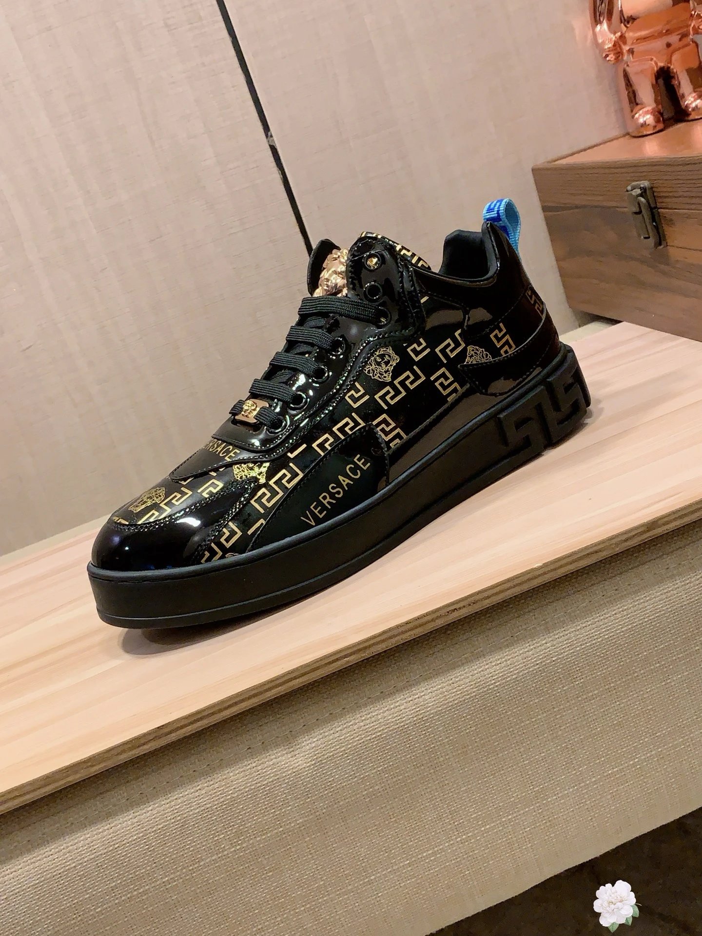 Luxury Leather Sneakers Greek Key Black Gold - Gallery Image 9 - Detailed View