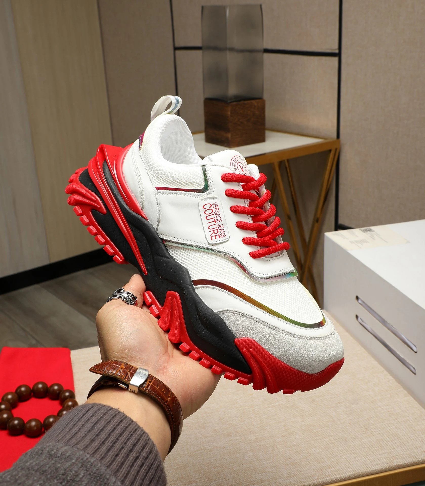 Luxury Calfskin Mesh Sneakers Crimson White - Gallery Image 1 - Detailed View