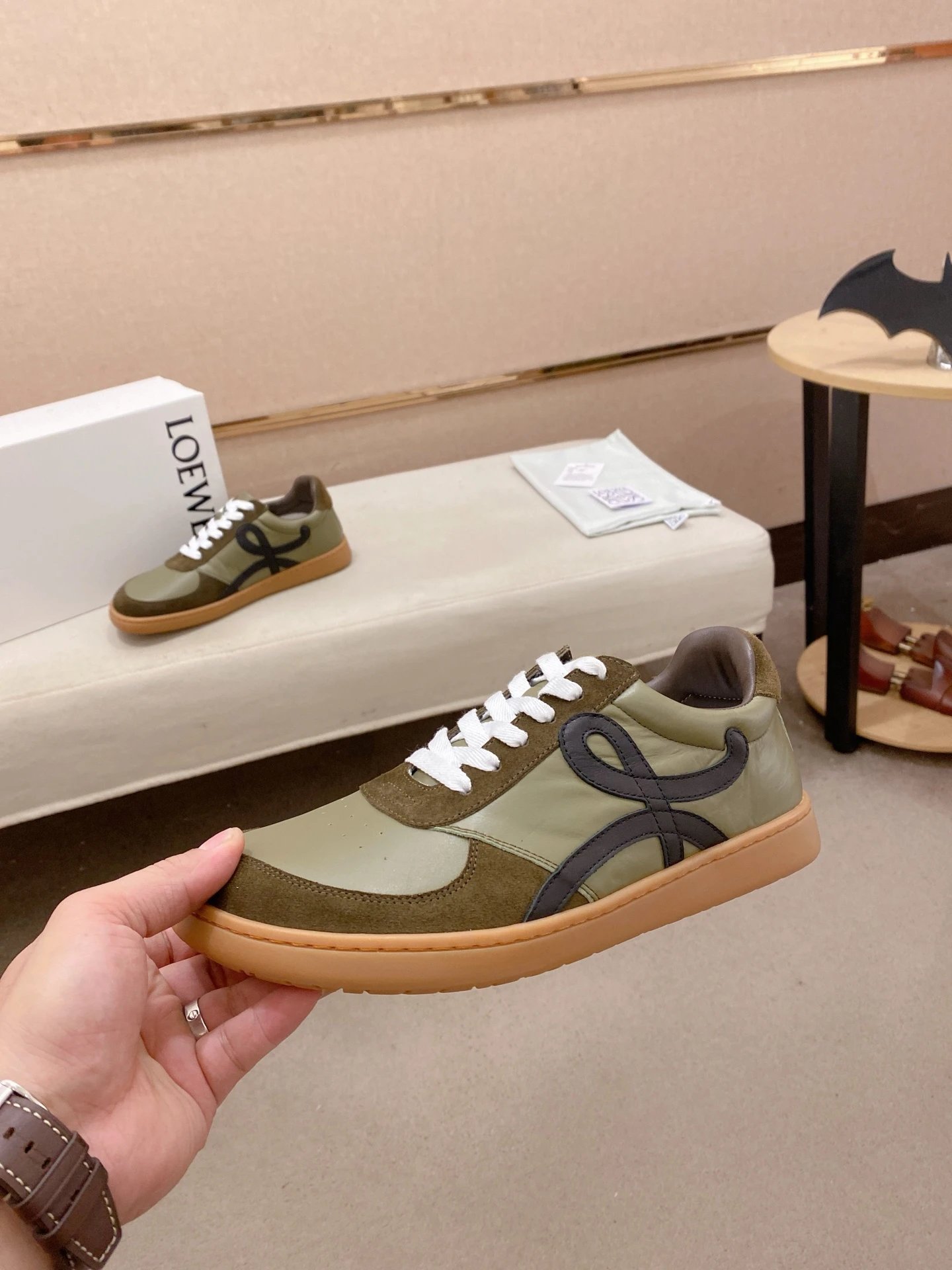 Loewe Green Leather Sneakers Black Accent - Gallery Image 3 - Detailed View