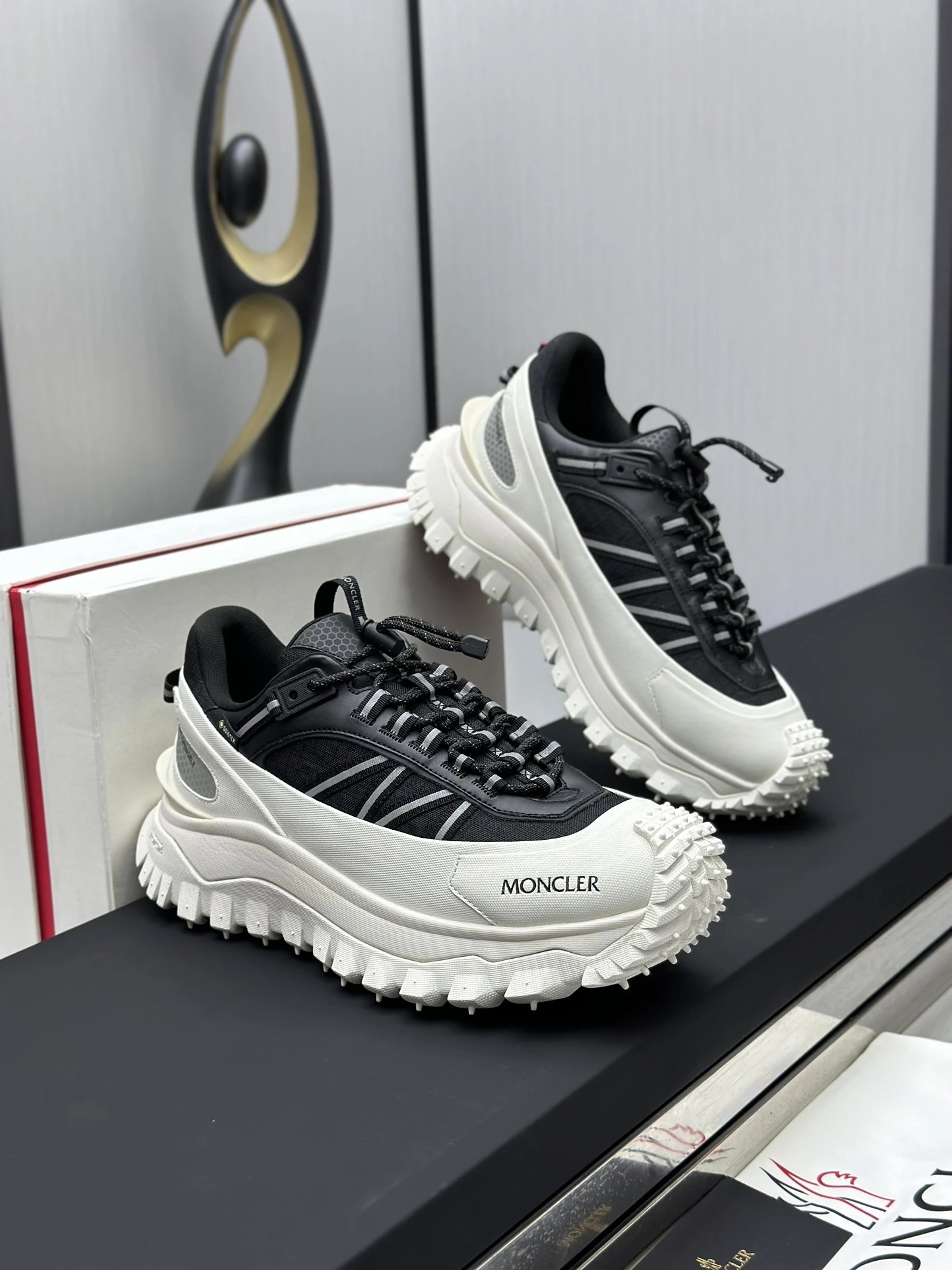 Moncler Trailgrip GTX Black Sneakers White Stripes - Gallery Image 4 - Detailed View