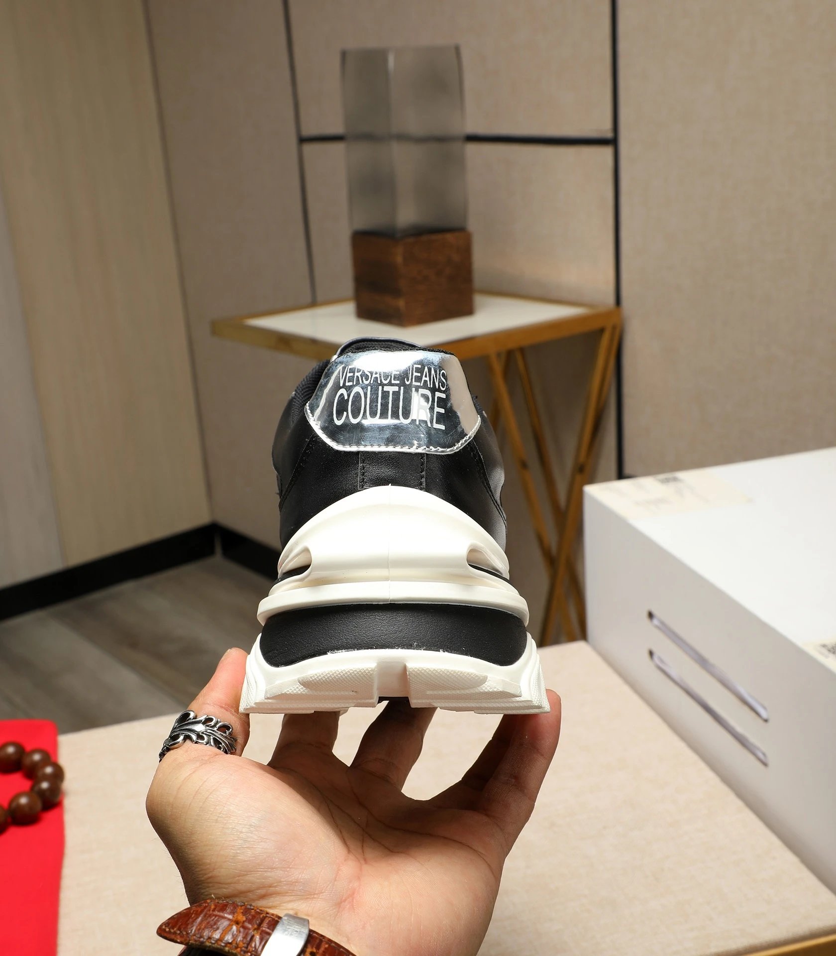 Baroque Calfskin Chunky Sneakers Black Gold - Gallery Image 8 - Detailed View