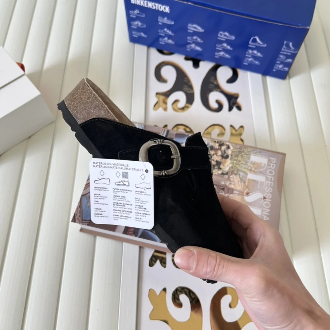 Suede Cross Buckle Closed Toe Mules Soft Sole Ebony - Gallery Image 9 - Detailed View