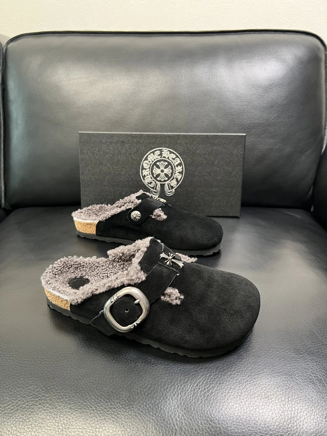 Luxury Suede Shearling Clog Shoes Ebony Black - Gallery Image 1 - Detailed View