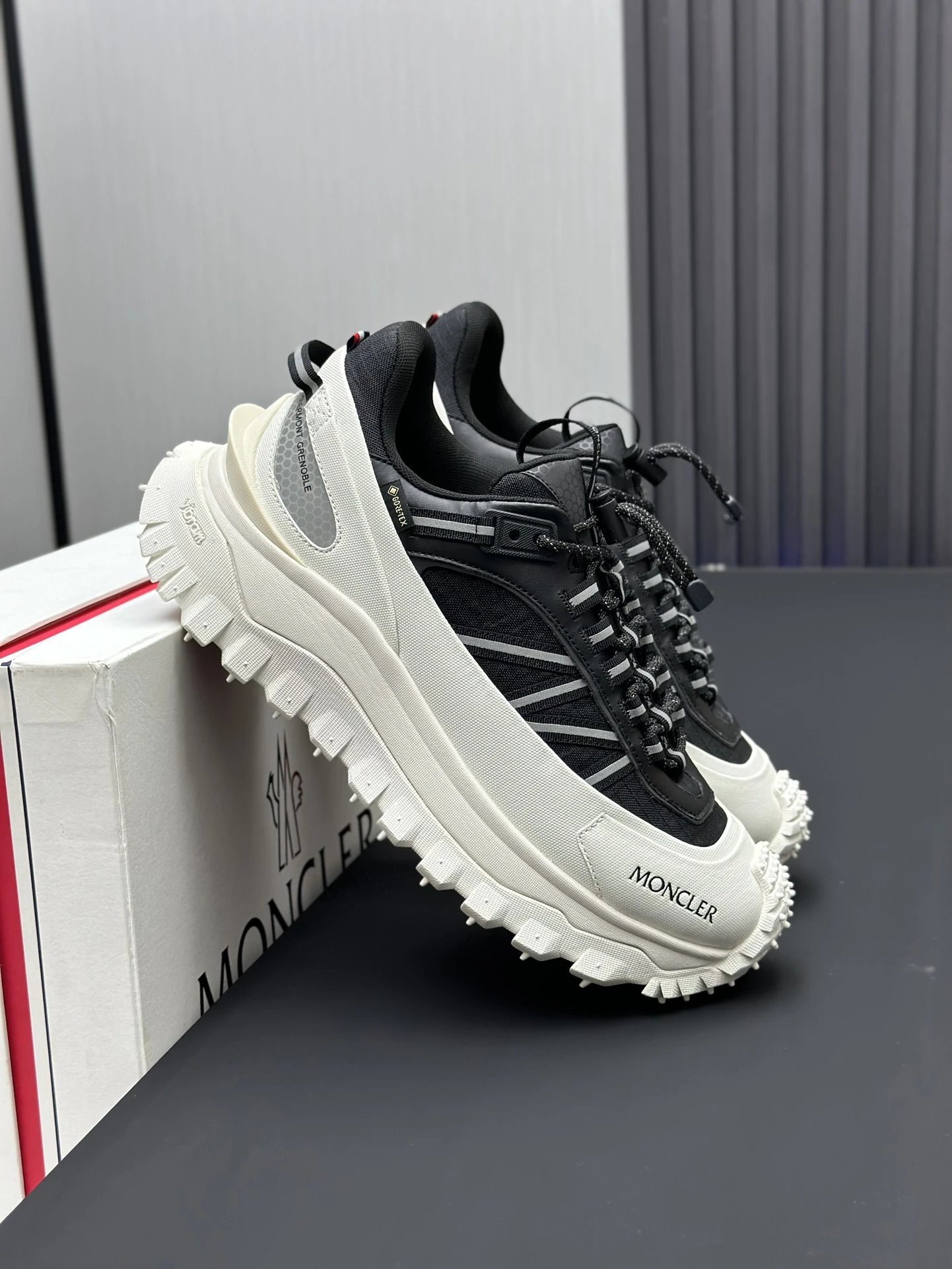 Moncler Trailgrip GTX Black Sneakers White Stripes - Gallery Image 5 - Detailed View