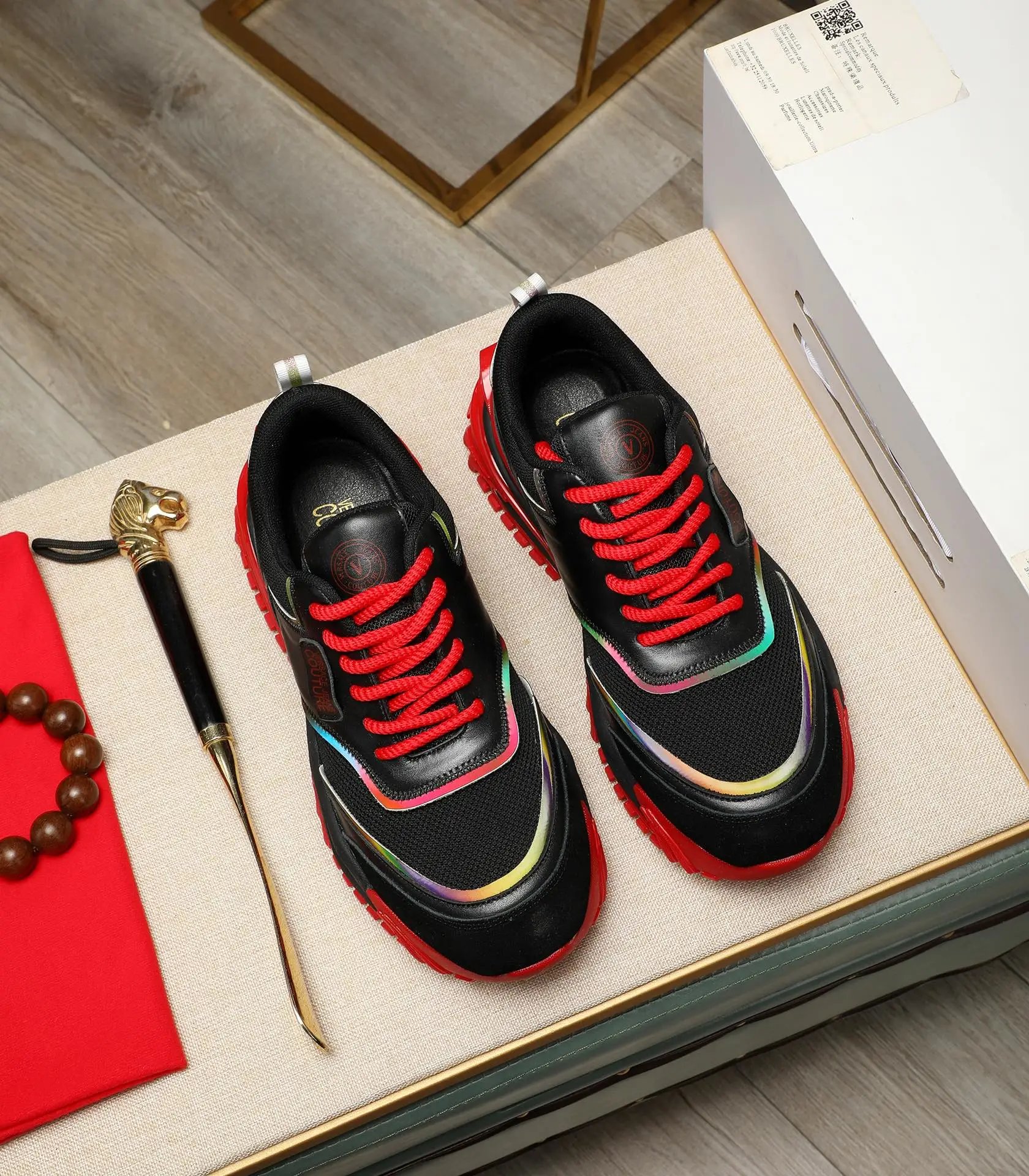 Chunky Calfskin Mesh Sneakers Crimson Black - Gallery Image 2 - Detailed View