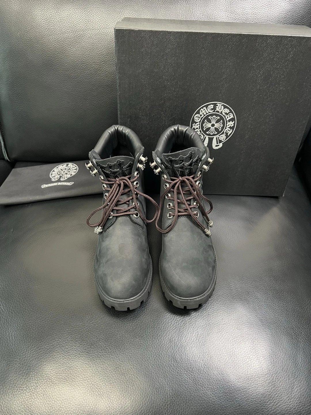 Italian Leather Combat Boots Ebony Black - Gallery Image 3 - Detailed View