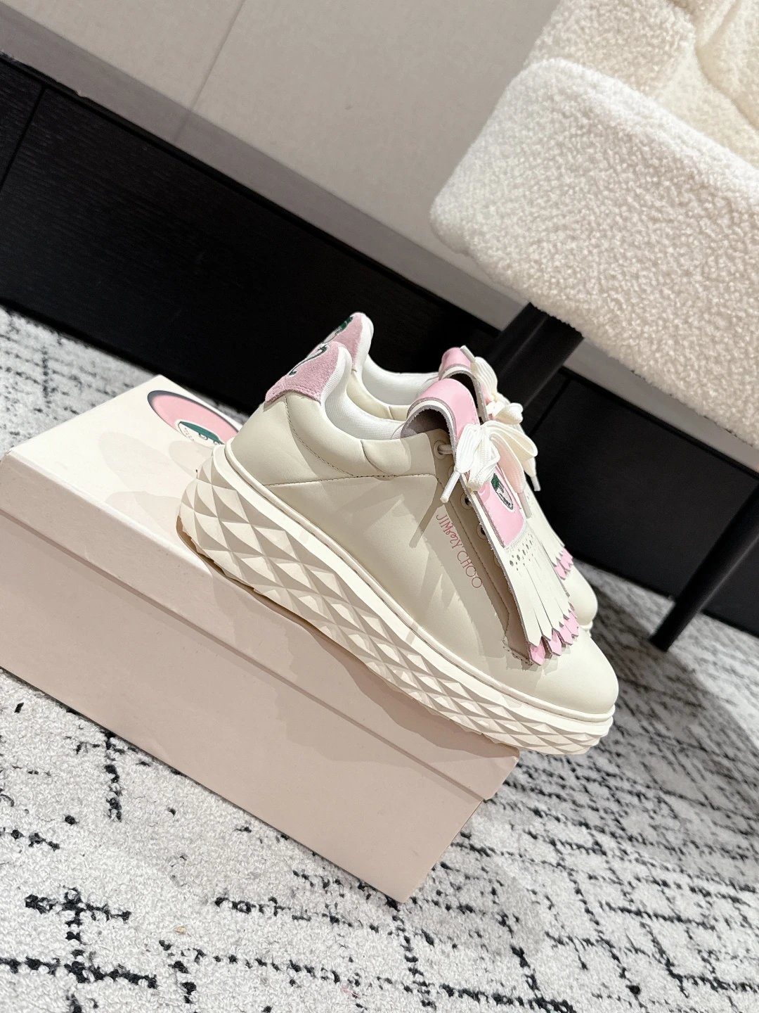 Jimmy Choo x Malbon Golf Diamond Sneakers White Pink - Gallery Image 2 - Detailed View