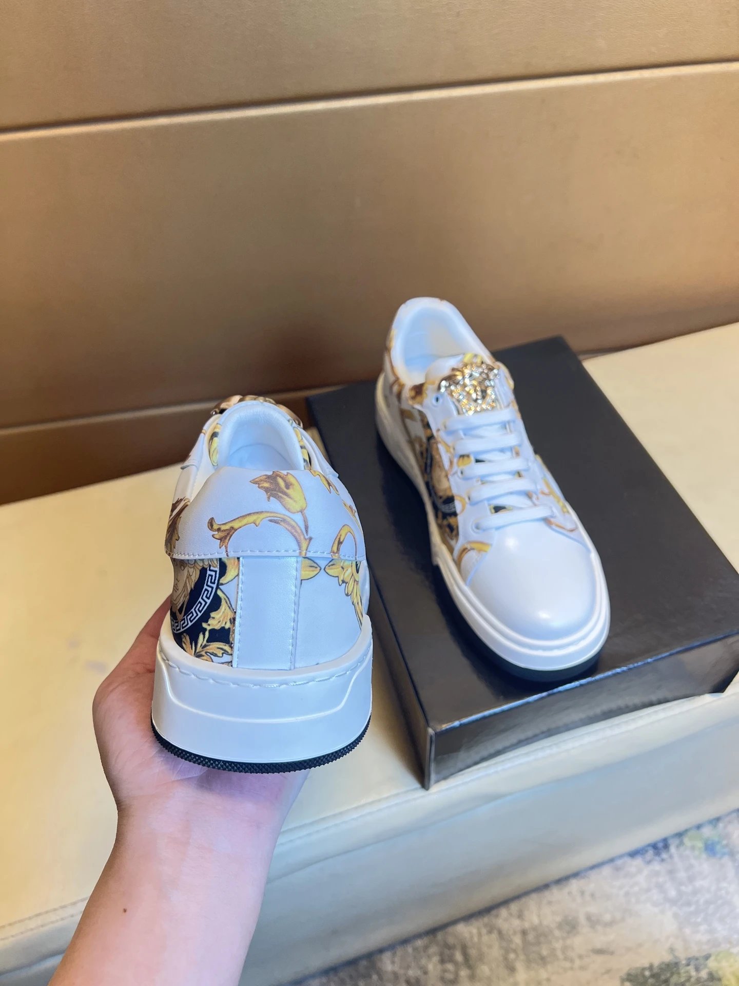 Luxury Baroque Leather Sneakers White Gold - Gallery Image 6 - Detailed View