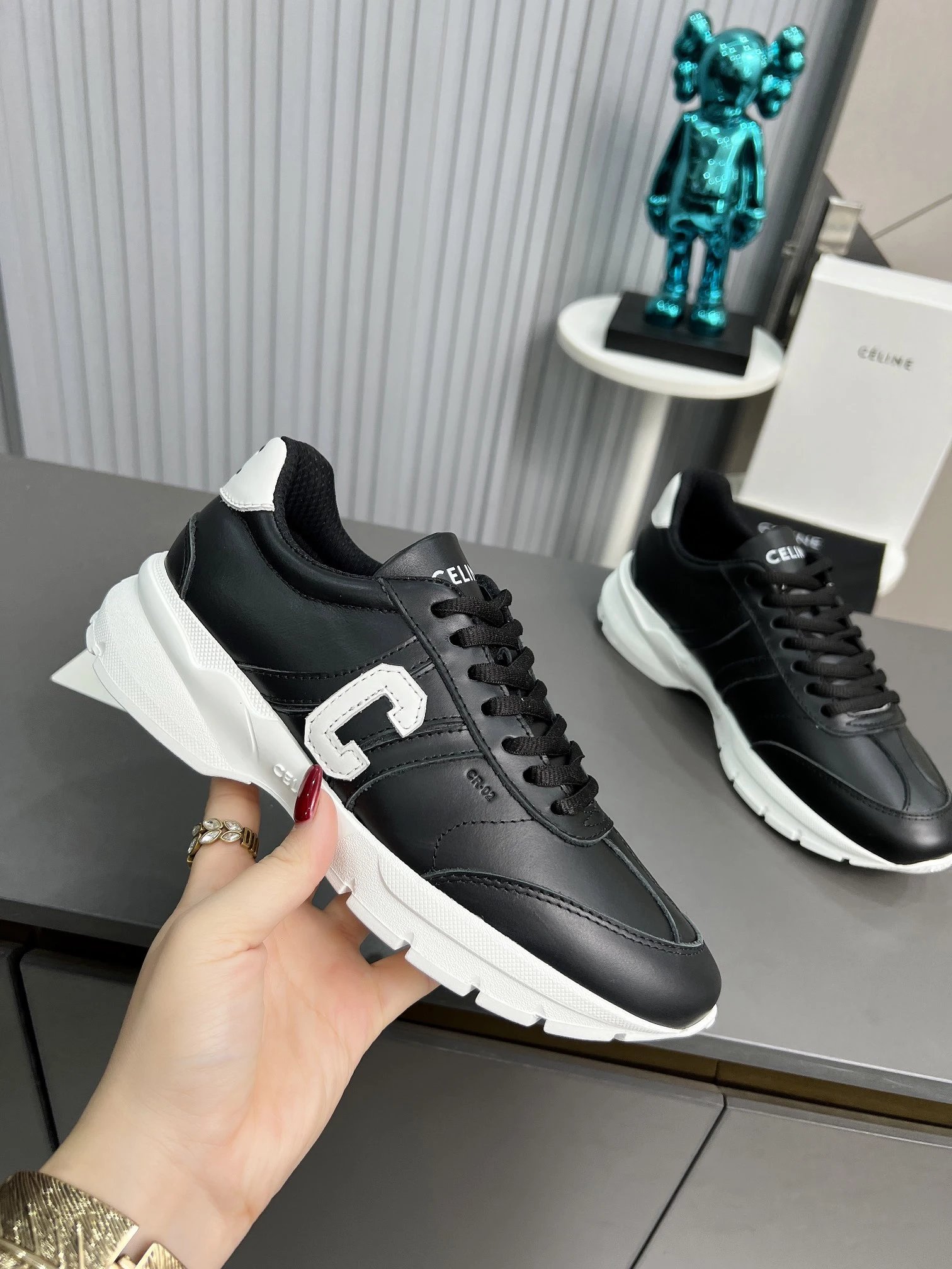 Chunky Dad Sneakers Leather Knit Unisex Spring Black White - Gallery Image 6 - Detailed View