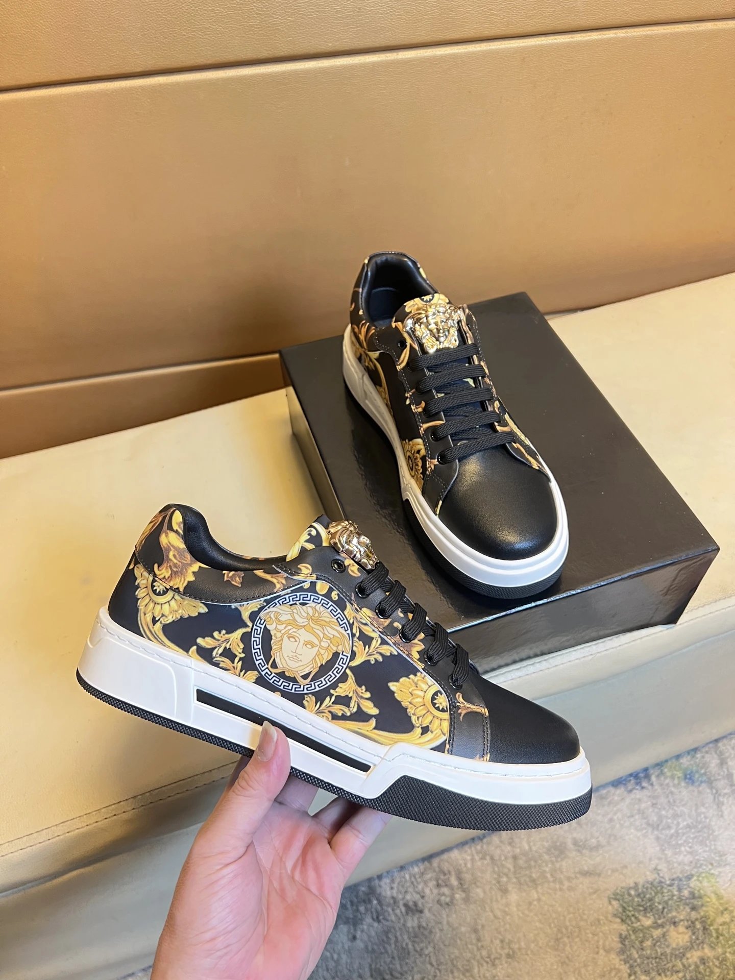 Baroque Leather Low Top Sneakers with Gold Black - Gallery Image 3 - Detailed View