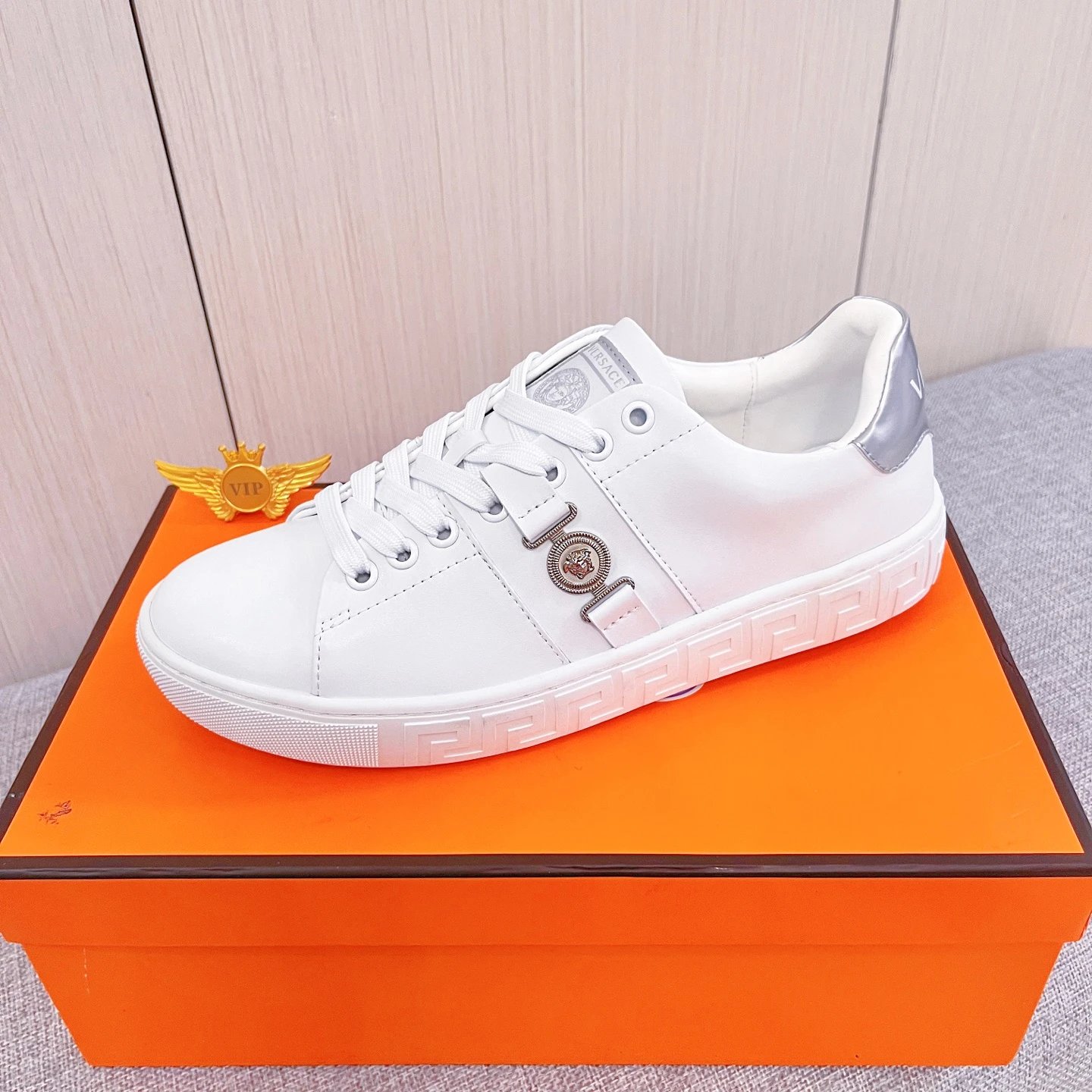 Luxury Leather Low Top Sneakers in Pearl White - Versace - Cnfans - $54.84
