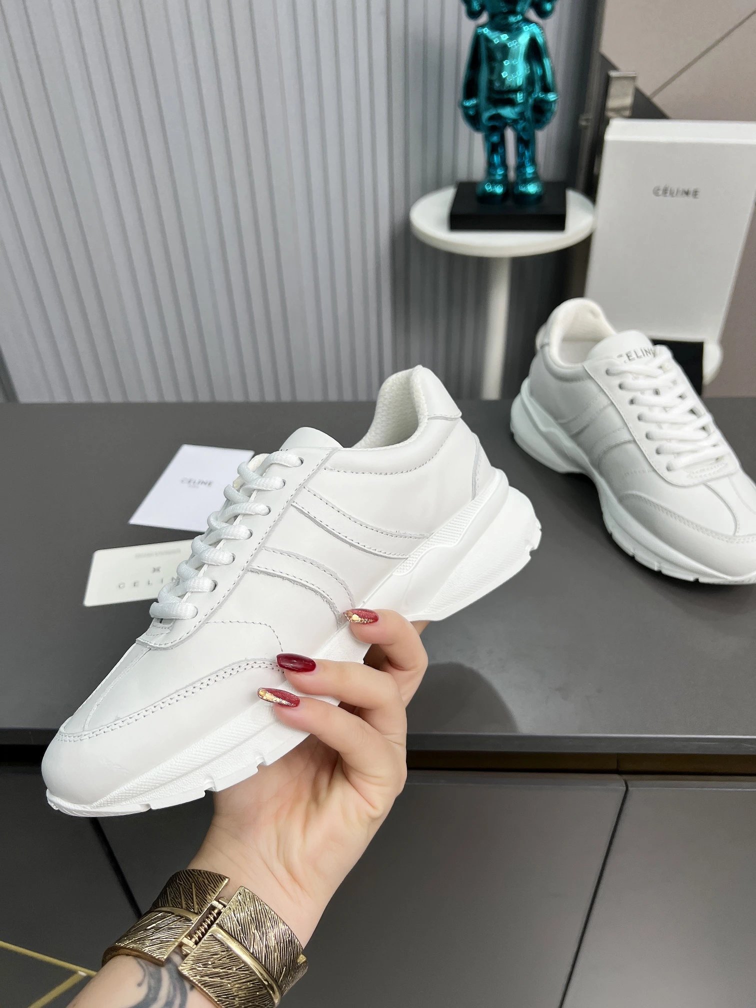 Spring Summer Leather Dad Sneakers Couple Style Ivory White - Gallery Image 8 - Detailed View