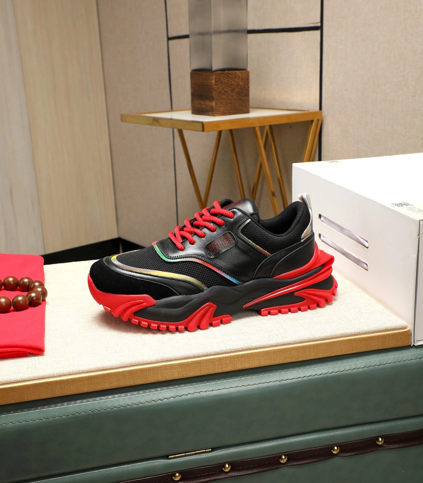 Chunky Calfskin Mesh Sneakers Crimson Black - Gallery Image 6 - Detailed View