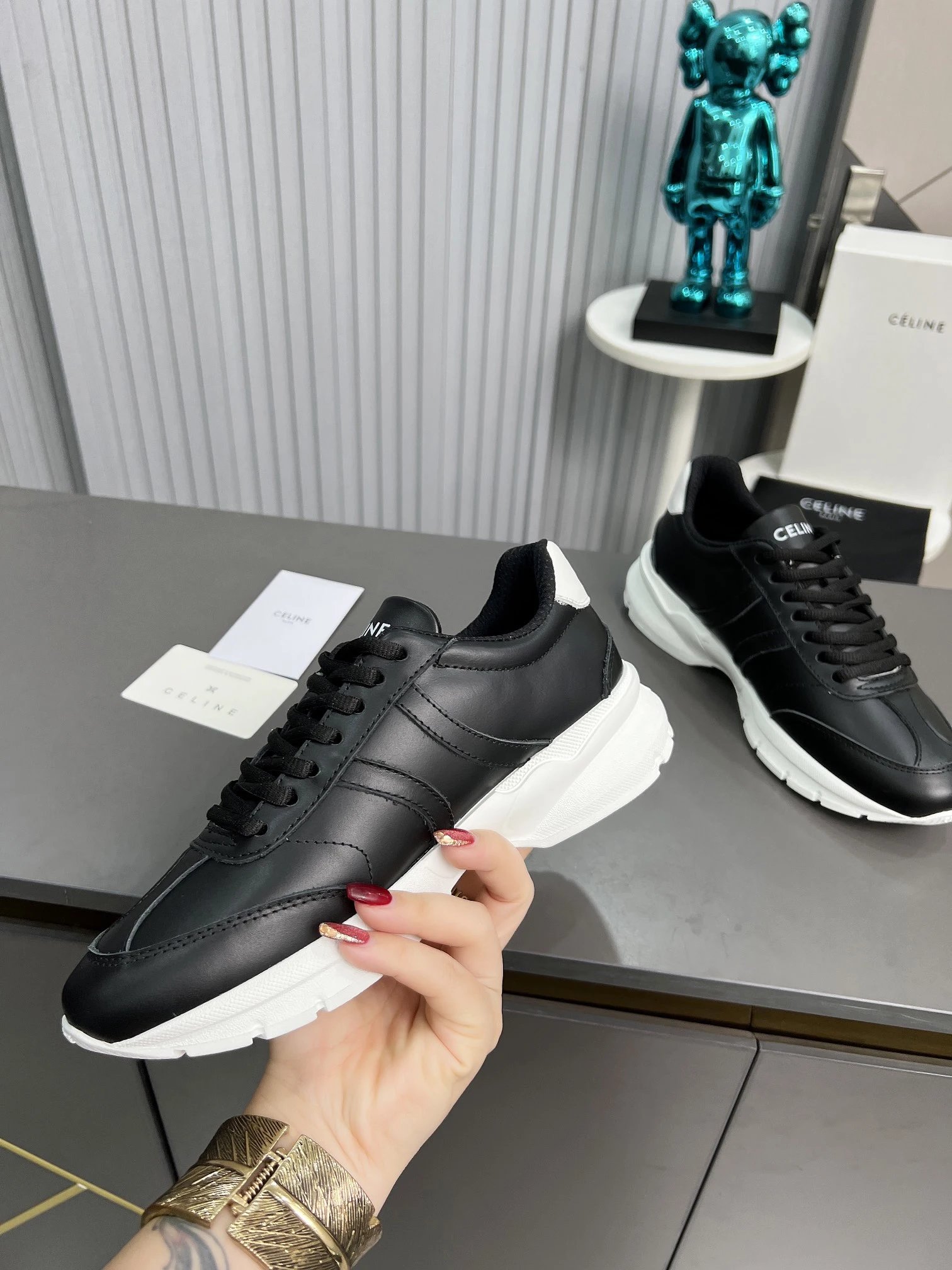 Chunky Dad Sneakers Leather Knit Unisex Spring Black White - Gallery Image 7 - Detailed View