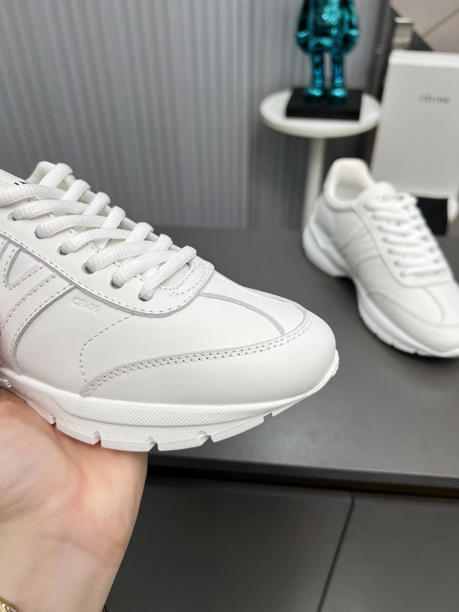 Chunky Leather Dad Sneakers Knit Lining Ivory White - Gallery Image 7 - Detailed View