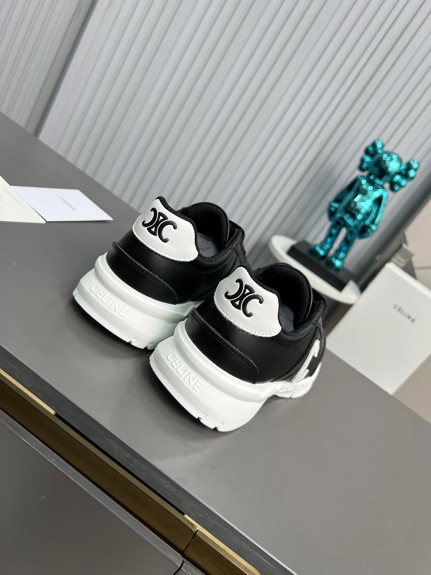 Chunky Dad Sneakers Leather Knit Unisex Spring Black White - Gallery Image 4 - Detailed View