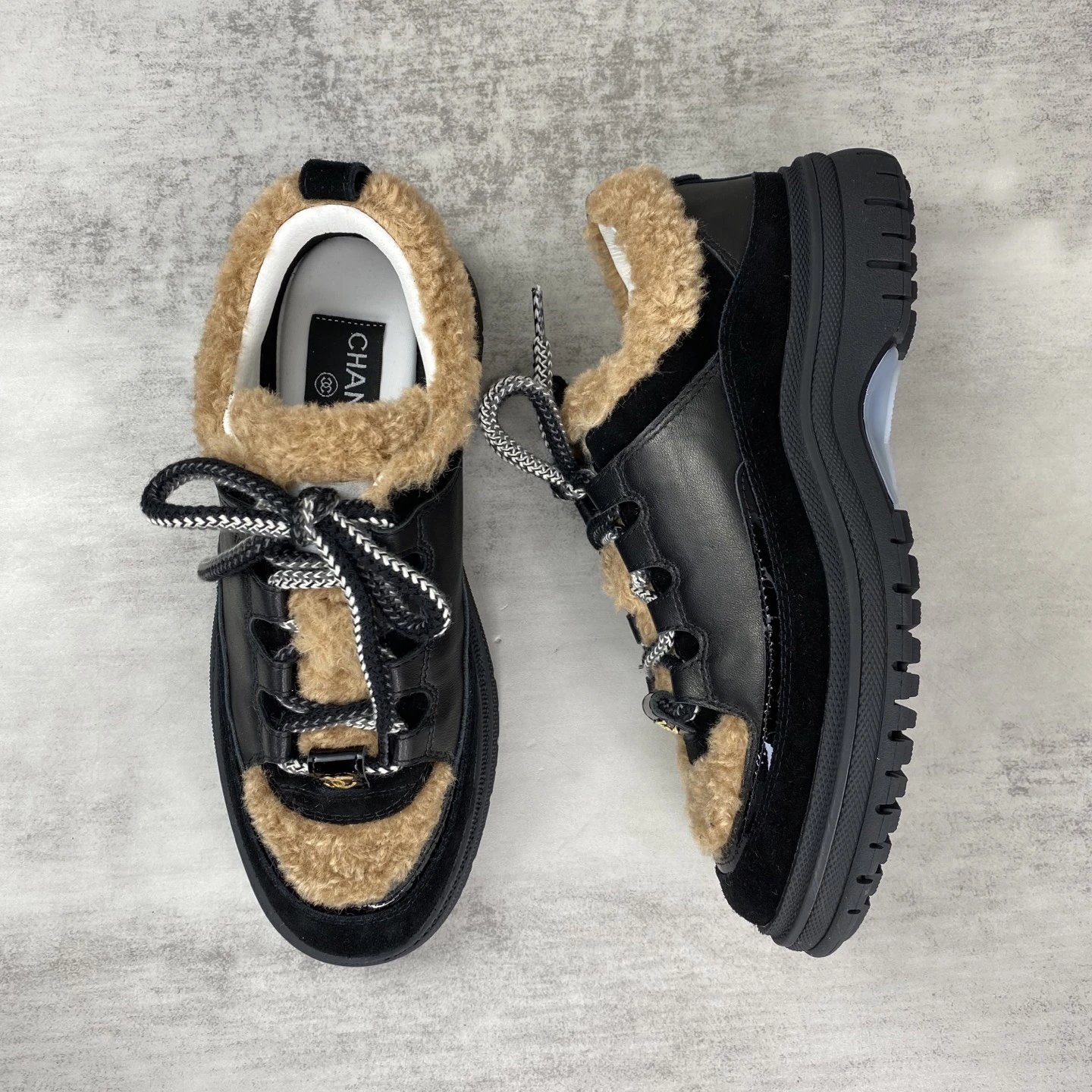 Winter Leather Sneaker with Shearling Trim Black Tan - Gallery Image 3 - Detailed View